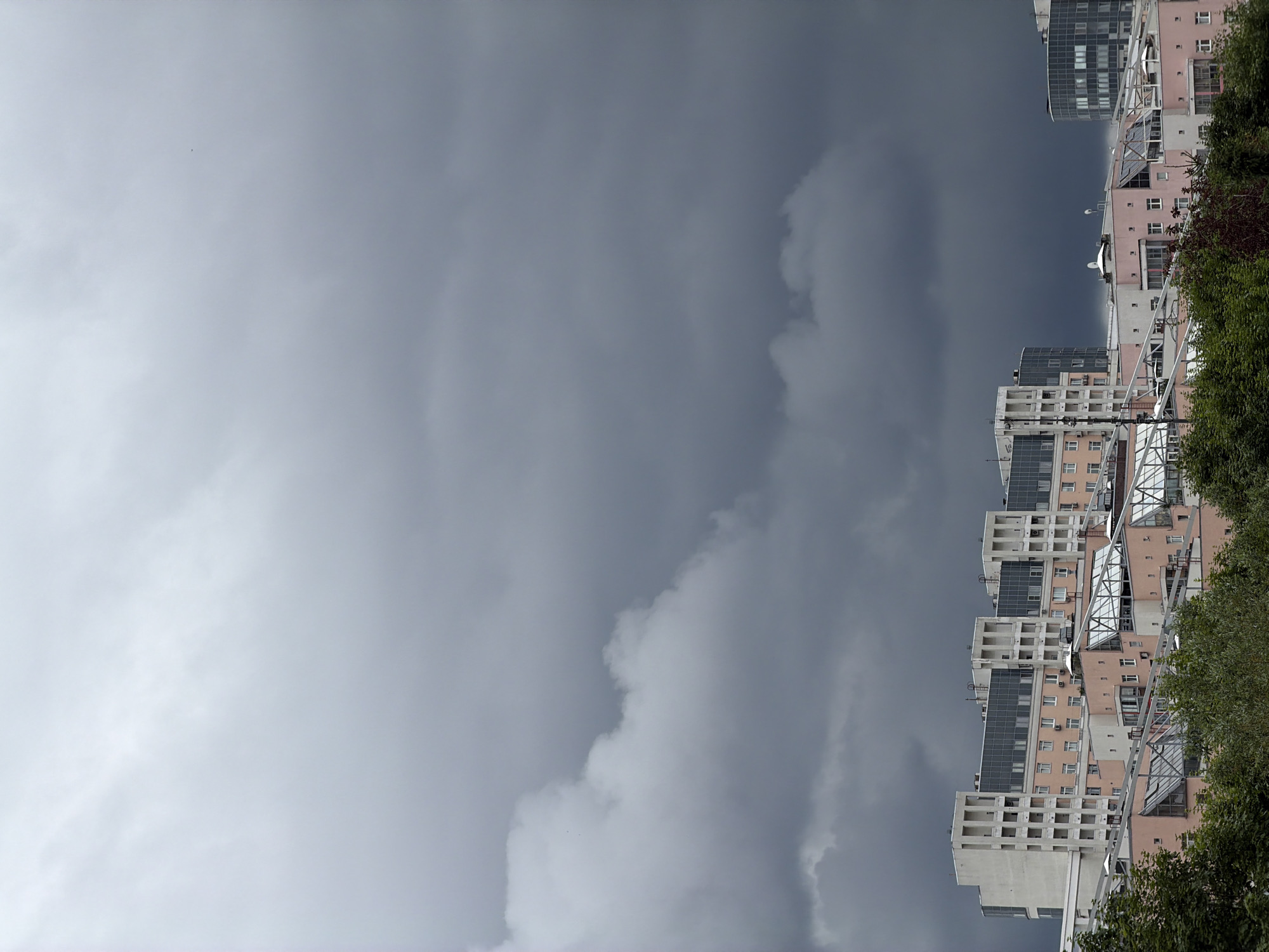 The image displays a series of modern apartment buildings in Khimki, Russia. The buildings are tall and feature a mix of architectural styles, with some sections appearing to be clad in pinkish-beige material and others in glass and concrete. Numerous windows and balconies are visible, suggesting a residential area. Lush green trees frame the right side of the buildings, indicating a natural element integrated with the urban landscape.
The sky is predominantly overcast with dark, heavy clouds, hinting at impending rain or a stormy weather condition. The lighting is diffused, creating a somber mood. The image is oriented vertically, with the buildings running along the bottom edge and extending upwards towards the expansive sky. There is no visible text in the image. The scene appears to be set during the daytime, though the dark clouds obscure direct sunlight. No people or specific activities are depicted. The overall impression is one of a cloudy, possibly cool day in an urban environment.