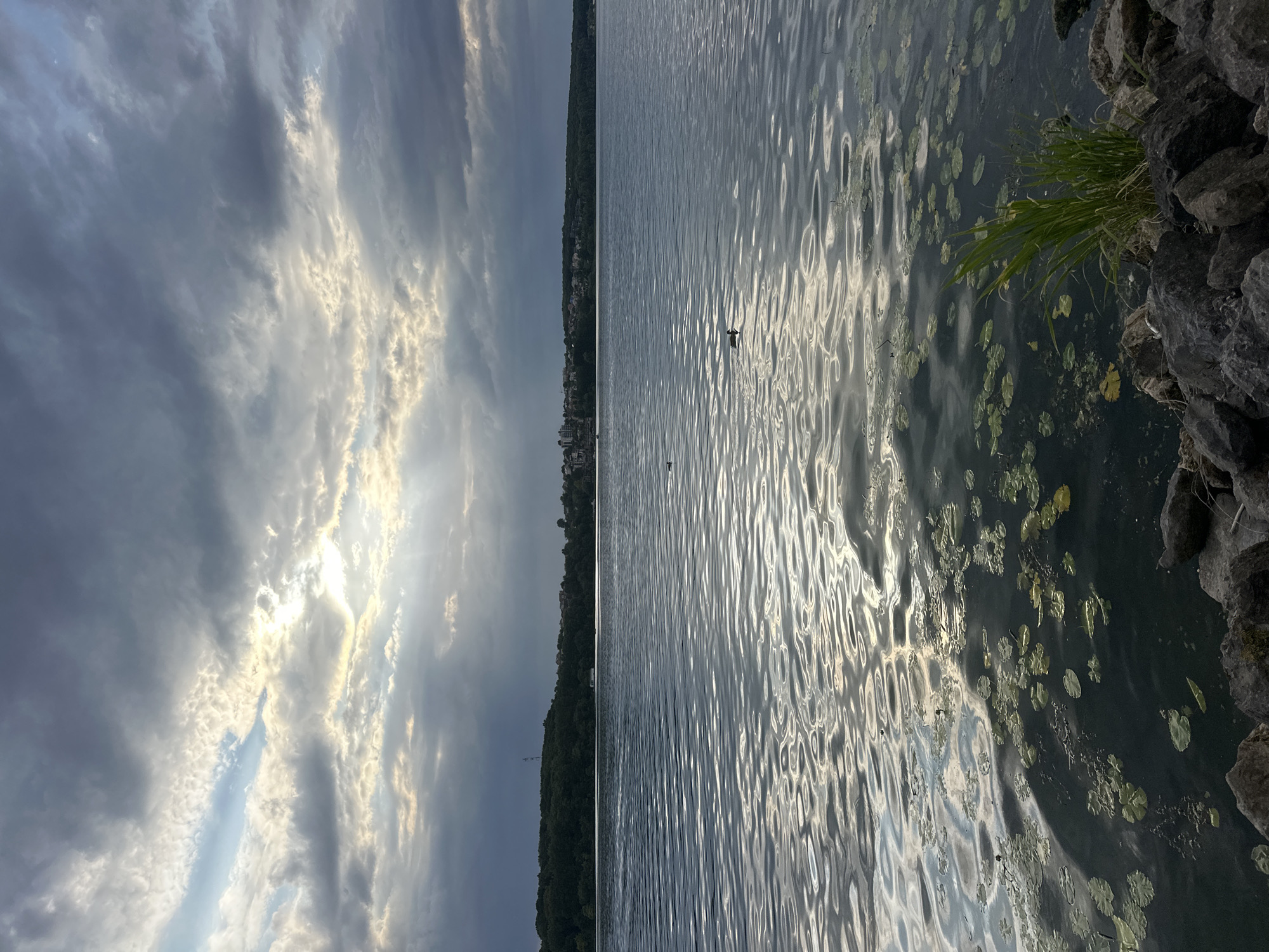 The image depicts a wide, calm lake with gentle ripples reflecting the dramatic, cloudy sky. Sunlight breaks through the clouds in rays, illuminating parts of the water's surface. The far shore is lined with a dense forest, with a town or city visible on the horizon. In the foreground, rocks and some aquatic plants, including lily pads, are visible along the water's edge. Two ducks are present in the water, one closer to the foreground and another further out. The scene conveys a serene, natural landscape. The location is not explicitly identifiable as Ternopil, Ukraine, based on the visual information alone.