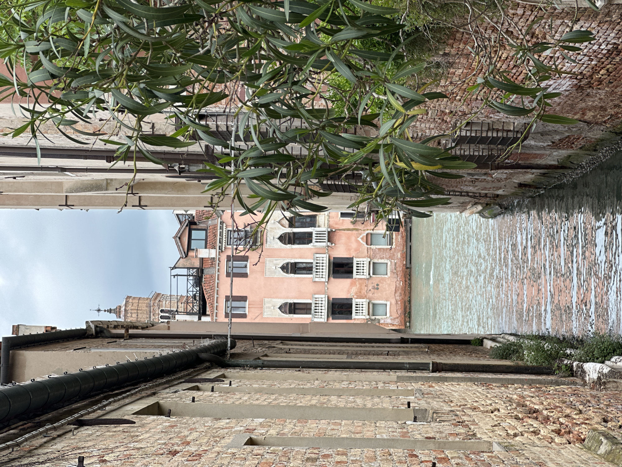 The image depicts a narrow canal in Venice, Italy, framed by brick buildings on either side. A pink building with ornate window frames and shutters faces the canal. A church tower is visible in the distance. A tree with green leaves overhangs the upper portion of the frame. The canal water is rippled, reflecting the buildings. The brickwork of the adjacent buildings shows signs of age and weathering.