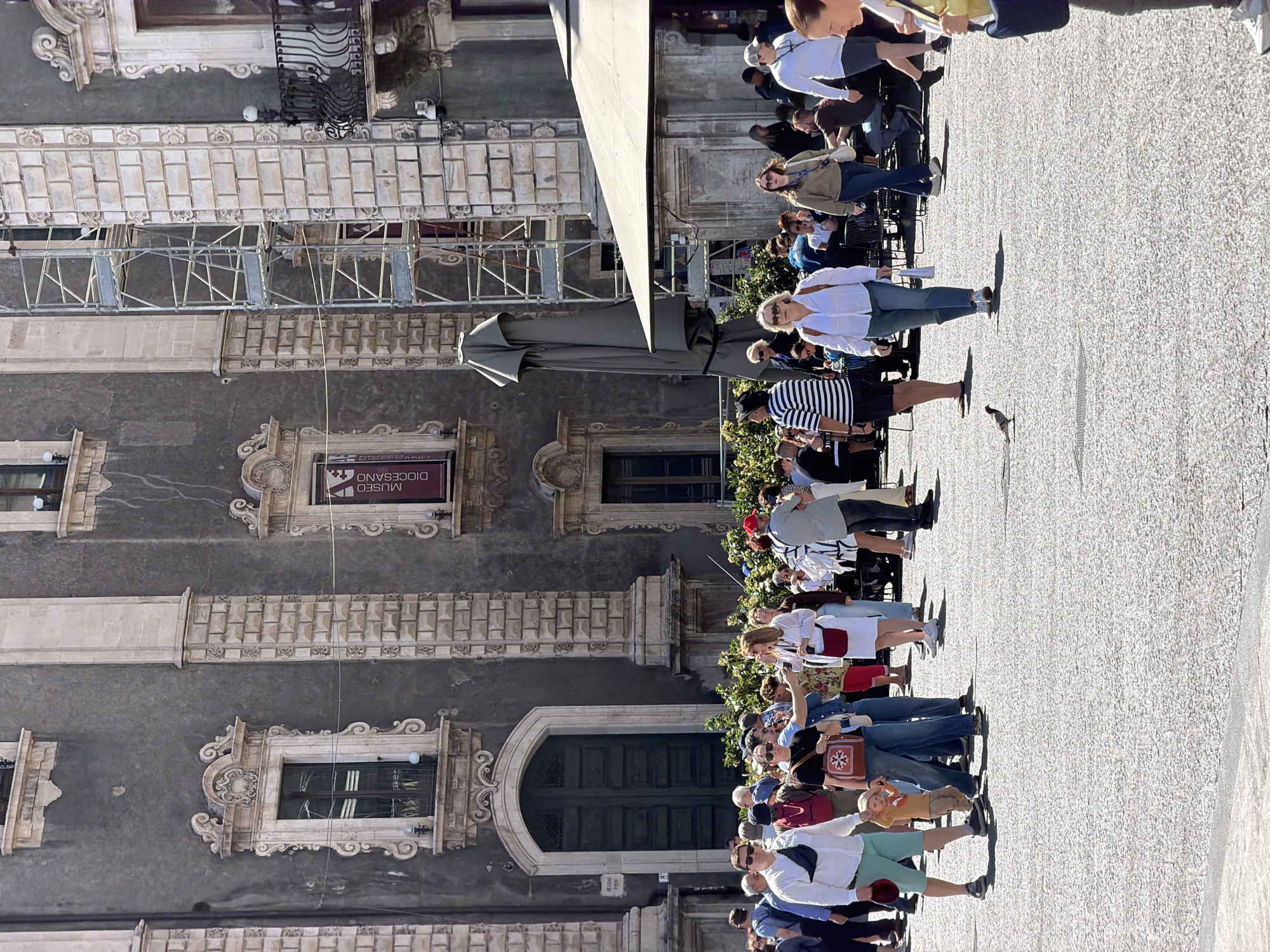 The image captures a sunny scene in Catania, Italy, likely in a public square. A crowd of people stands on a paved area, facing a large, grey building with ornate architecture. Scaffolding is visible on part of the building's facade. A sign indicating "Museo Diocesano" is affixed to the building. An umbrella provides shade. The people are engaged in unspecified activity. One bird is standing on the paving. The environment suggests a tourist or public gathering space.