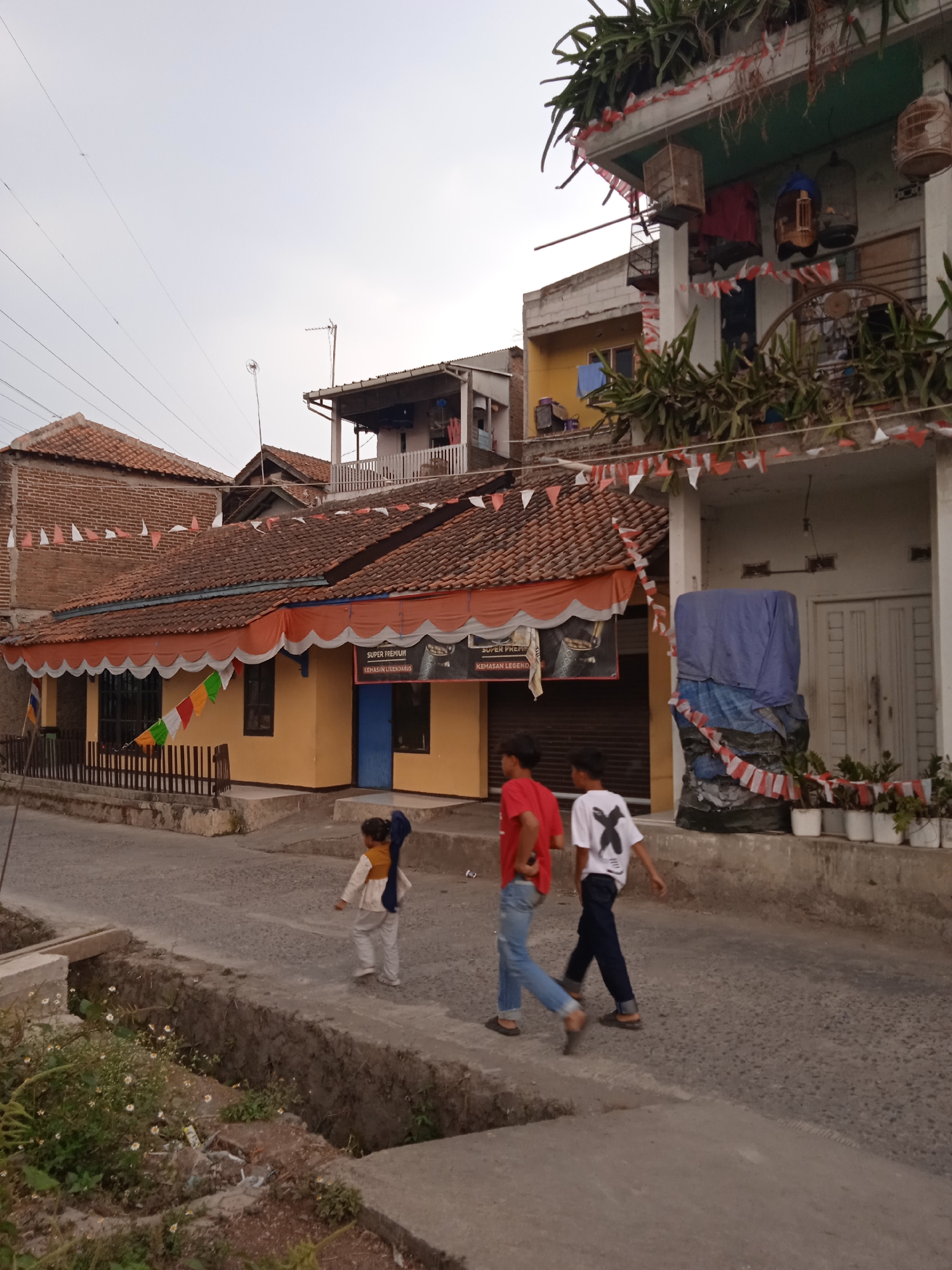 The image depicts a street scene in Cileunyi, Indonesia, with a focus on residential buildings and three individuals. In the foreground, a young child wearing a mustard-colored top and white pants walks away from the camera, carrying a blue cloth draped over their shoulder. To their right, two older children, one in a red t-shirt and blue jeans, and the other in a white t-shirt with a black graphic and dark pants, walk towards the right side of the frame. They appear to be walking on a paved road.
The buildings lining the street are a mix of styles. To the left, a single-story building with an orange awning and a red-tiled roof is visible, adorned with small red and white flags. Behind it, a brick building with a red-tiled roof is also present. To the right, a multi-story building dominates the view. The upper floor has a green facade with a planter box containing lush green plants. Decorative red and white flags are strung along the edge of this upper level. Several bird cages are hanging from the facade. The lower level of this building features a white facade with two doors and a covered porch. A large object covered with a blue tarp is situated on the porch, with red and white flags draped around its base. Potted plants are lined up in front of the building.
The environment appears to be a residential street, possibly in a somewhat rural or suburban area, given the presence of a drainage ditch with vegetation along the left side of the road. The sky is overcast, suggesting it is either early morning or late afternoon. The overall impression is one of everyday life in a community.