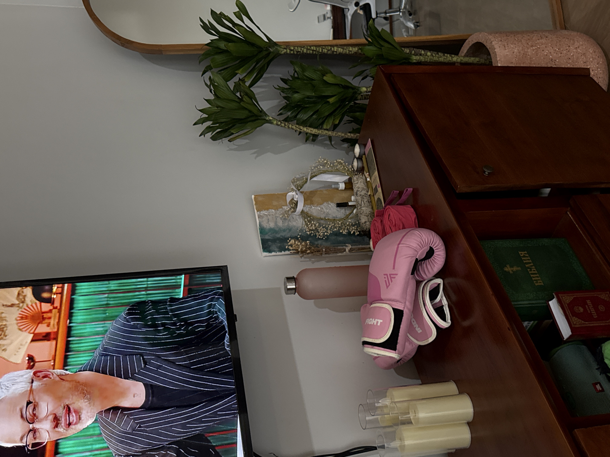 A television screen displays a man with white hair wearing glasses and a pinstripe suit. In front of the television is a dark wooden cabinet. On the cabinet are several items including a pink water bottle, a pair of pink boxing gloves, several clear glass cylinders containing candles, a small decorative wreath, and a framed piece of art. Behind the cabinet are three tall green plants in a pink speckled planter. To the right of the plants is a tall, arched mirror with a wooden frame. On a shelf below the cabinet are two books, one green and one red, and a green portable speaker. The overall environment appears to be an indoor living space.