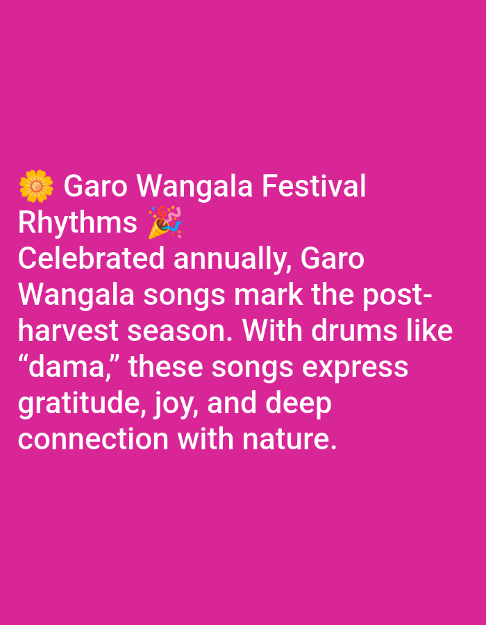 The image features text about the Garo Wangala Festival against a solid pink background. The text describes the festival as celebrated annually, with songs marking the post-harvest season. It notes that drums, like "dama," are used in the songs, expressing gratitude, joy, and connection with nature. No people, specific objects, actions, interactions, or environment relating to Dhaka, Bangladesh, are depicted.