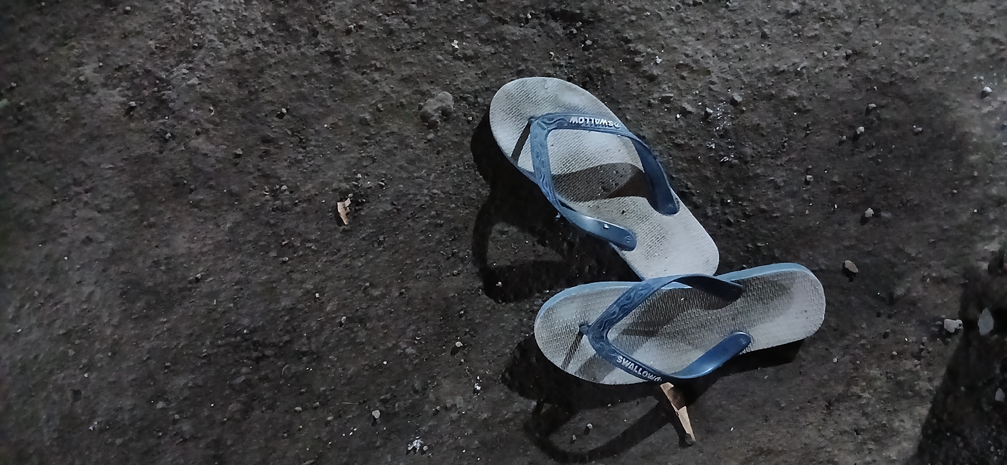 A pair of light gray flip-flops with dark blue straps lie on a dark, pebbly ground. The flip-flops appear worn and slightly dusty. One of the flip-flops has the word "SWALLOW" written vertically on its strap in white capital letters. A long, thin piece of wood or twig is positioned beneath the left flip-flop. The ground is uneven, with visible small stones and debris scattered across its surface. Shadows of the flip-flops are cast on the ground, one of which is roughly heart-shaped. The scene is lit by artificial light, creating stark contrasts and shadows. The location is identified as Demangan, Indonesia.