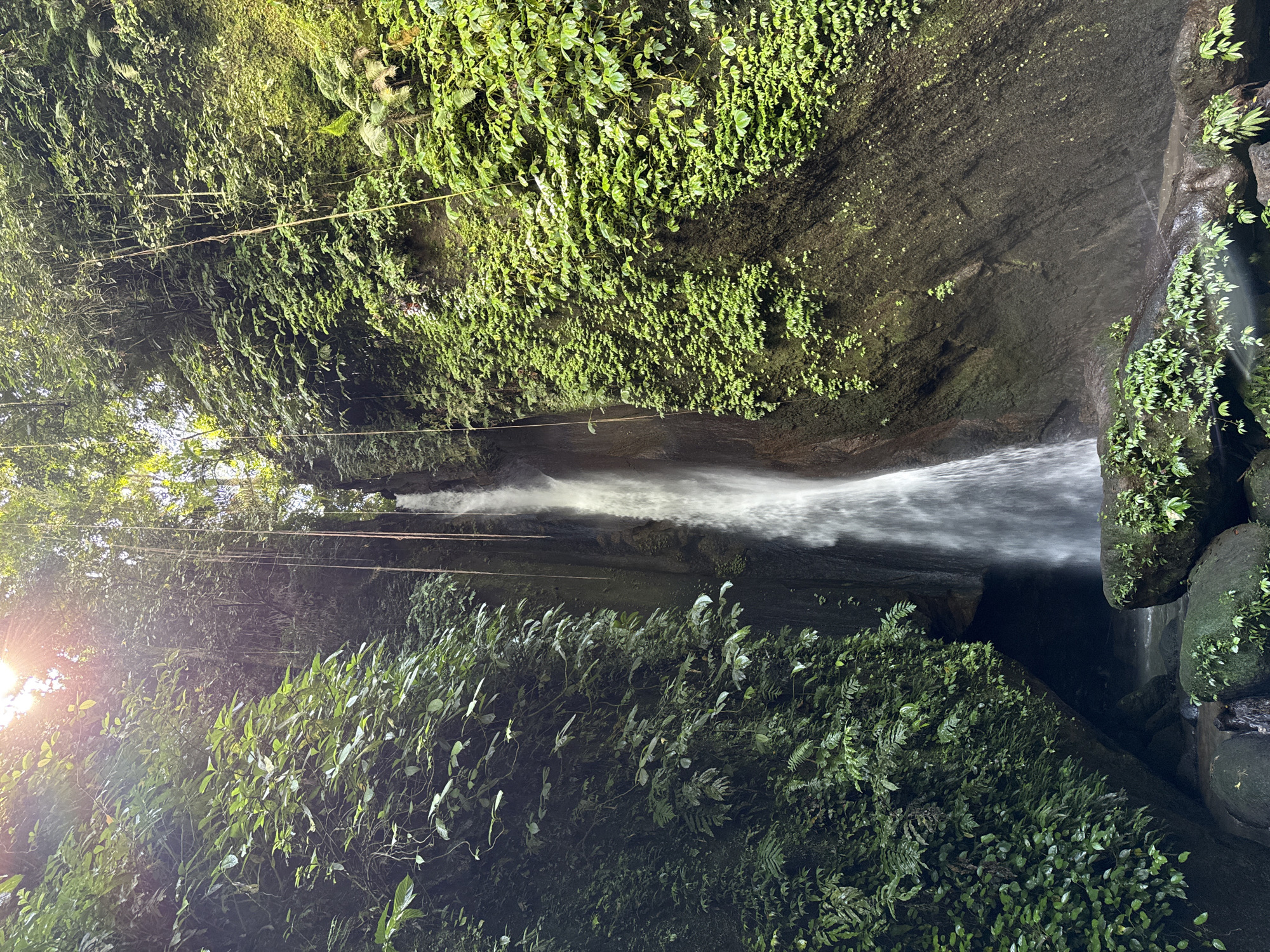 A natural environment includes a waterfall, rock, and vegetation, possibly located in Unknown, Unknown. The waterfall appears to be cascading through a narrow opening between rock formations. Lush green vegetation covers the surrounding areas, clinging to the rock surfaces and growing abundantly. The composition of the image may have been altered or taken at an unusual angle. There are also wires over the waterfall.