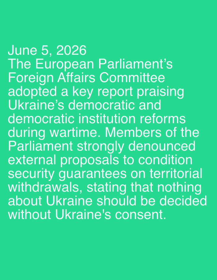 The image displays white text against a vibrant, solid green background. There are no discernible people, objects, or a specific scene, as the image is purely textual.
The text provides a report dated "June 5, 2026". It states that the European Parliament's Foreign Affairs Committee adopted a key report praising Ukraine's democratic and democratic institution reforms during wartime. Furthermore, members of the Parliament strongly denounced external proposals to condition security guarantees on territorial withdrawals, explicitly stating that "nothing about Ukraine should be decided without Ukraine's consent."
The typography is a clear, sans-serif font, evenly spaced and left-aligned, ensuring high readability. The green background is uniform, filling the entire frame. The content describes a future political event concerning Ukraine and the European Parliament, highlighting support for Ukraine's sovereignty and internal reforms amidst conflict. No visual cues indicate a specific location or time of day within Lhokseumawe, Indonesia, or anywhere else; the image is solely a textual message on a colored backdrop.