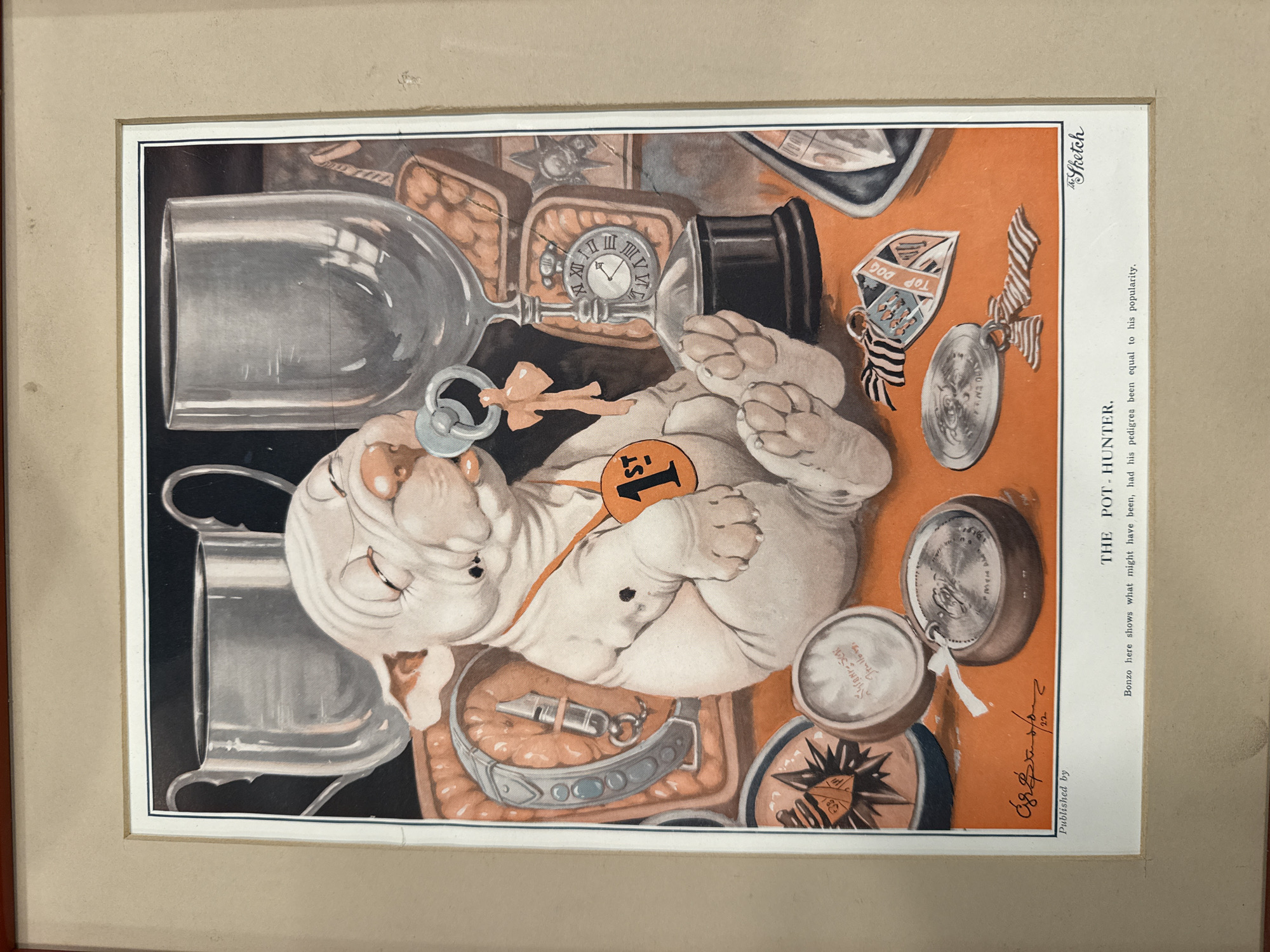 The image is a framed print of a cartoon titled "The Pot Hunter" from "The Sketch," a British illustrated weekly journal, likely published in 1922. The cartoon depicts a sleeping bulldog puppy wearing a "1st" place ribbon. It's surrounded by trophies, medals, a clock, a dog collar, a whistle, and other symbols of success. The bulldog has a pacifier in its mouth. Text accompanies the image. The setting is indoors.