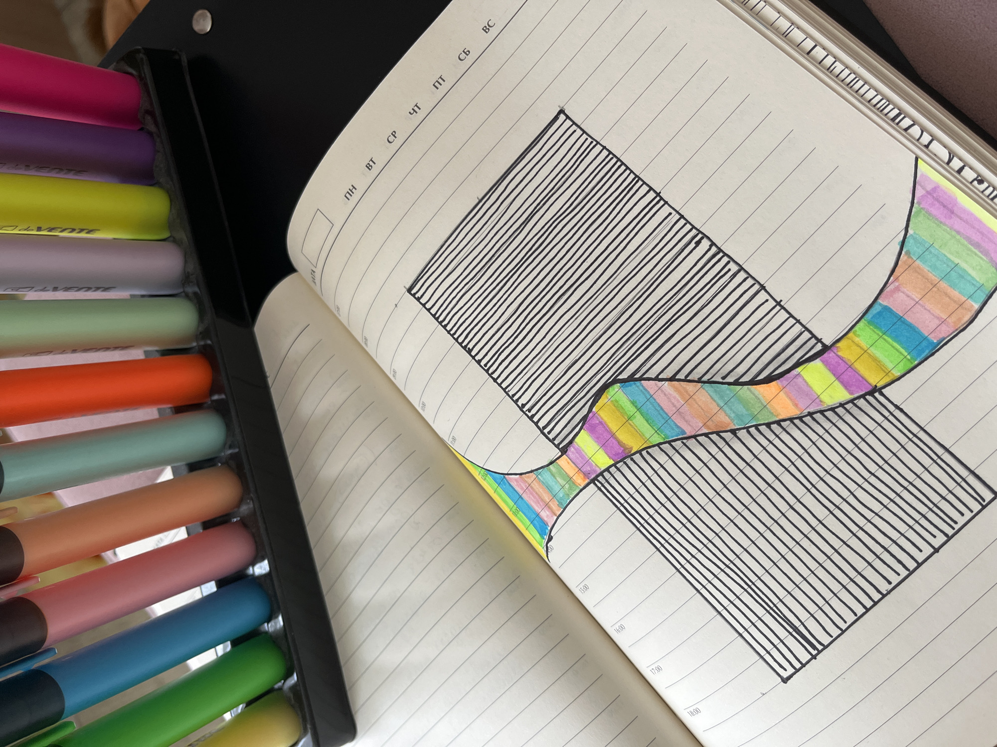 This media file features an open notebook with a drawing on its pages. The notebook is lying on a dark surface, possibly a desk or table. A black organizer filled with colorful markers is positioned to the left of the notebook.
The drawing on the notebook pages is abstract, with geometric shapes and patterns. One part of the drawing consists of a rectangle filled with parallel black lines. Adjacent to this, a curved, wavy section is filled with a rainbow of colored stripes, including pink, purple, yellow, green, blue, and orange. Another rectangle filled with parallel black lines is located further down the page. The notebook pages themselves are lined, and some printed text is visible along the top edge of the right-hand page, appearing to be days of the week abbreviations in Cyrillic script (e.g., "ПН", "ВТ", "СР", "ЧТ", "ПТ", "СБ", "ВС"). The right-hand page also has printed time slots, such as "10:00", "11:00", "15:00", "16:00", "17:00", and "18:00", suggesting it is a planner or diary.
The focus is on the drawing and the art supplies, implying an activity of drawing or journaling is taking place. The lighting suggests it could be daytime, possibly indoors given the presence of markers and a notebook. No people are visible in the frame. The colors of the markers are vibrant, contrasting with the black and white of the notebook's drawing and lines.
