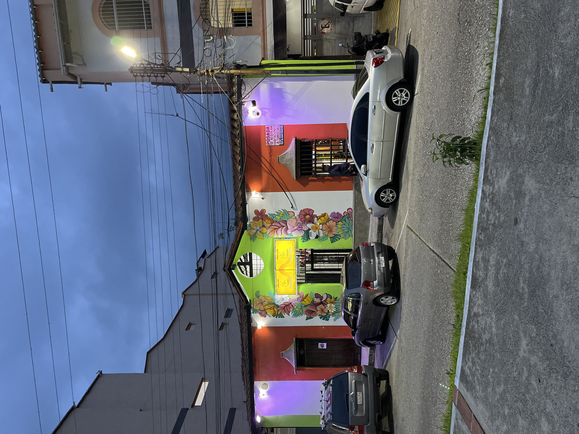 The image depicts a street scene at dusk in Mérida, Venezuela. A brightly colored building, possibly a restaurant or shop, is the focal point, with its facade painted in sections of green, red, and white, adorned with large floral motifs. The building features two entrances and several windows. A sign on the building reads "POSADA SE ALQUILAN HABITACIONES A TURISTAS".
In front of the building, two cars are parked on the street: a silver sedan and a dark-colored SUV. The silver sedan is parked parallel to the curb, while the SUV is parked facing away from the viewer. A person is standing near the right entrance of the colorful building.
The street is paved, with visible parking lines. A small patch of grass and a young plant are growing near the curb in the foreground. The background shows other buildings and overhead power lines, typical of an urban environment. The sky is overcast and dark, suggesting twilight or the onset of night. The lighting on the building is provided by colorful spotlights, illuminating the facade.