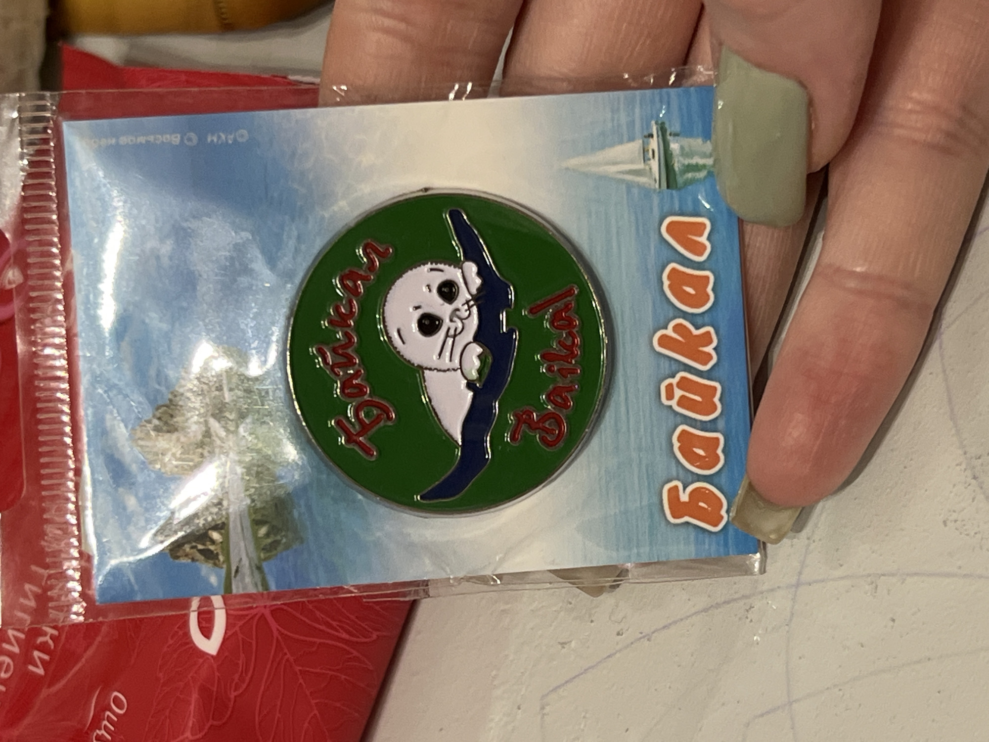 The image shows a person's hand holding a souvenir pin. The pin features a green circular design with a white seal swimming in dark blue water. Text in red Cyrillic letters appears above and below the seal. The background of the pin is a picture of a body of water with a rocky island and a sailboat. The pin is encased in clear plastic packaging, which is attached to a card with a blue sky and water scene. Text in white and red Cyrillic letters is visible on the card, and the words "Байкал" are prominently displayed in orange. The person's hand has light-colored skin and is holding the pin in a close-up shot. One finger, with a pale green fingernail, is positioned near the bottom right corner of the image. The background surface appears to be a light-colored, textured material with faint blue markings. The image does not contain any identifiable landmarks or features that would suggest a specific location within the city of Kazan, Russia.