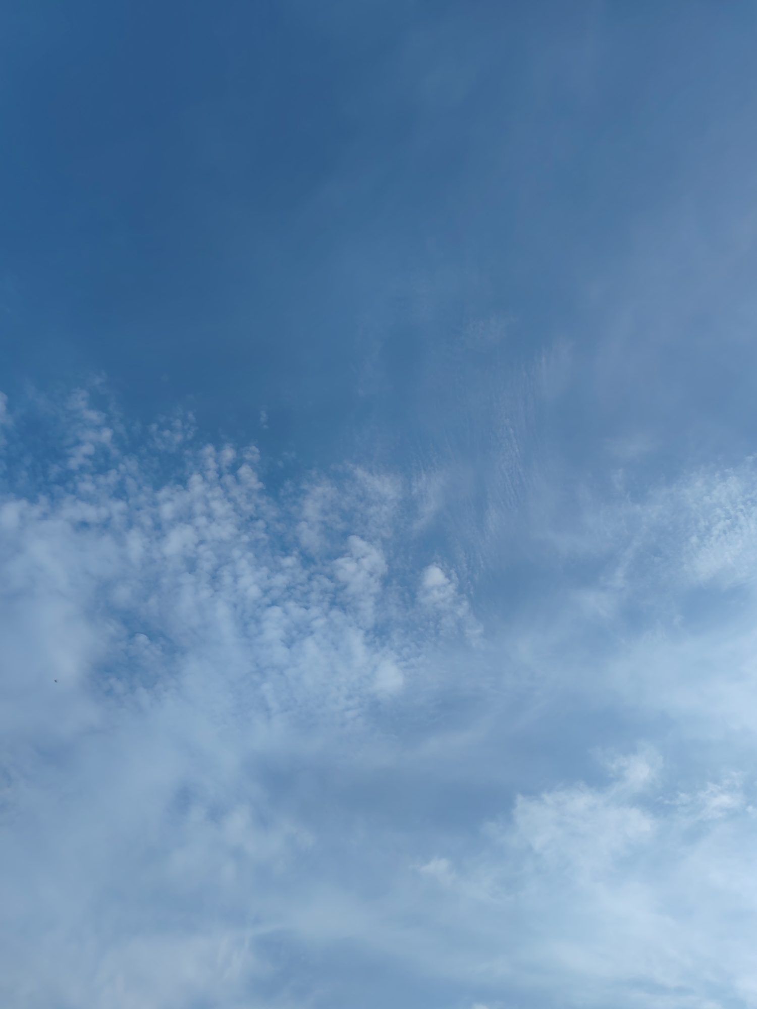 A photograph of the sky above Chuchlem, Russia shows a vast expanse of blue with scattered clouds. The clouds are varied in type and density, ranging from thin wispy cirrus to more opaque cumulus formations. The lighting suggests it is daytime, likely midday or early afternoon, with the sun filtering through the clouds. There is no visible ground or human activity in the frame.
