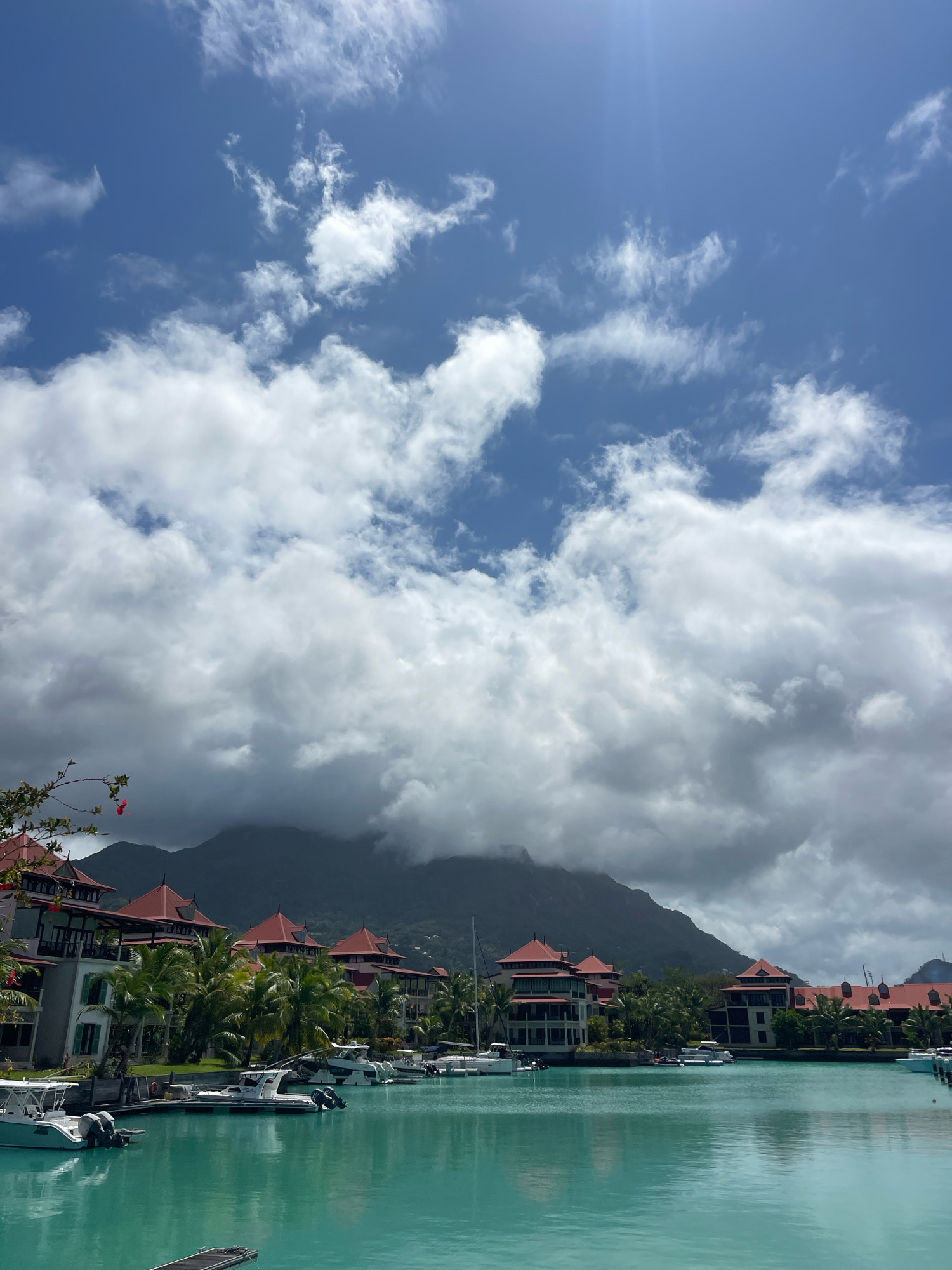 The image depicts a tranquil harbor in Providence, Seychelles, under a bright, partly cloudy sky. Several buildings with distinct red-tiled roofs line the waterfront, interspersed with lush green palm trees. Numerous boats, ranging from small motorboats to larger yachts, are docked in the calm, turquoise water. In the background, a majestic mountain range rises, partially shrouded in dramatic, wispy clouds. The scene evokes a sense of peaceful, tropical vacation, showcasing the natural beauty and modern development of the location.