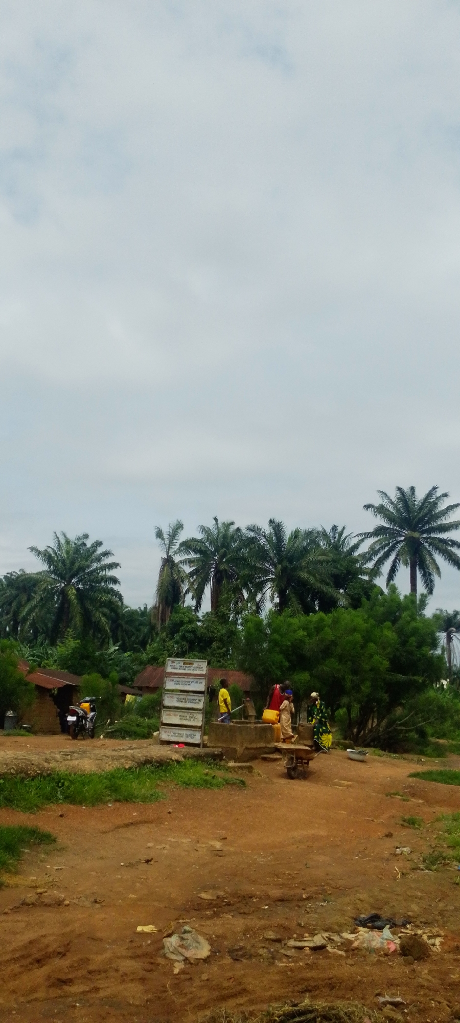 The image depicts a scene in Baissa, Nigeria, under a cloudy sky, suggesting an overcast day. In the foreground, a dirt path leads towards a collection of buildings and a water well. Several people are gathered around the well, appearing to be drawing water.
To the left, a small, rustic building with a corrugated metal roof is visible. A motorcycle is parked beside it. In the center of the scene, a white sign is propped up, displaying multiple lines of text in what appears to be English. The sign is stacked with what look like large wooden crates or boards.
Several individuals are actively engaged in the process of drawing water from the well. One person in a yellow shirt stands by the well, while others in colorful clothing, including a woman in a red and yellow outfit and another in a green and yellow patterned dress, are also present. A child in a yellow shirt is also near the well.
The background is dominated by lush greenery and tall palm trees, characteristic of a tropical or subtropical environment. The overall impression is one of a rural community engaged in daily activities. The weather appears to be humid and potentially warm, given the clothing choices of the people. The scene conveys a sense of everyday life in a Nigerian village, with a focus on the communal water source.