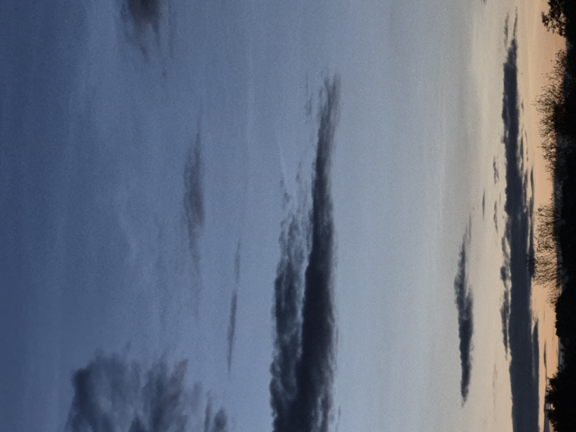 The image depicts a dusky sky with scattered clouds, likely taken at dusk or dawn, over the city of Sooblase, Estonia. The sky transitions from a deep blue at the top to a lighter, warmer hue near the horizon, suggesting the presence of the sun below the visible frame. Several dark, elongated clouds are dispersed throughout the sky, with a thicker band of clouds visible in the lower half. Silhouetted against the lighter sky at the very bottom are the dark shapes of trees and possibly the tops of buildings, indicating a terrestrial landscape beneath the atmospheric phenomenon. There are no people or animals visible in the image. The overall scene is one of a natural landscape under a twilight sky.