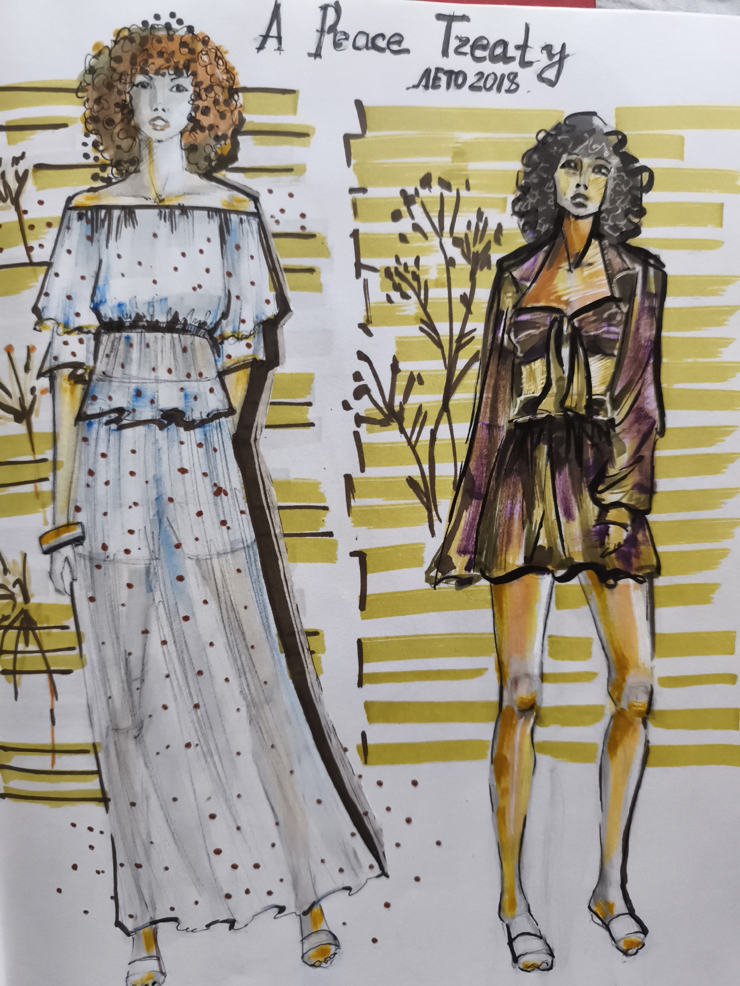 The image is a fashion illustration featuring two female figures in a stylized, artistic rendering. The figures are drawn with markers and watercolors, set against a background of horizontal yellow and white stripes. Text at the top reads "A Peace Treaty ЛЕТО 2018".
The figure on the left is wearing an off-the-shoulder, floor-length dress with a polka dot pattern. She has curly, reddish-brown hair and her body is rendered in grayscale. She is standing with her left arm slightly bent, wearing a bracelet.
The figure on the right is wearing a short, dark-colored dress with a jacket over it. She has dark, curly hair and her body is depicted with warm skin tones, contrasting with the grayscale of the other figure. She is standing with her legs slightly apart, wearing sandals.
The illustration is a creative work and does not depict a specific real-world location in Saint-Denis, France, or any other city. There are no discernible environmental elements that would place it in a specific urban setting.