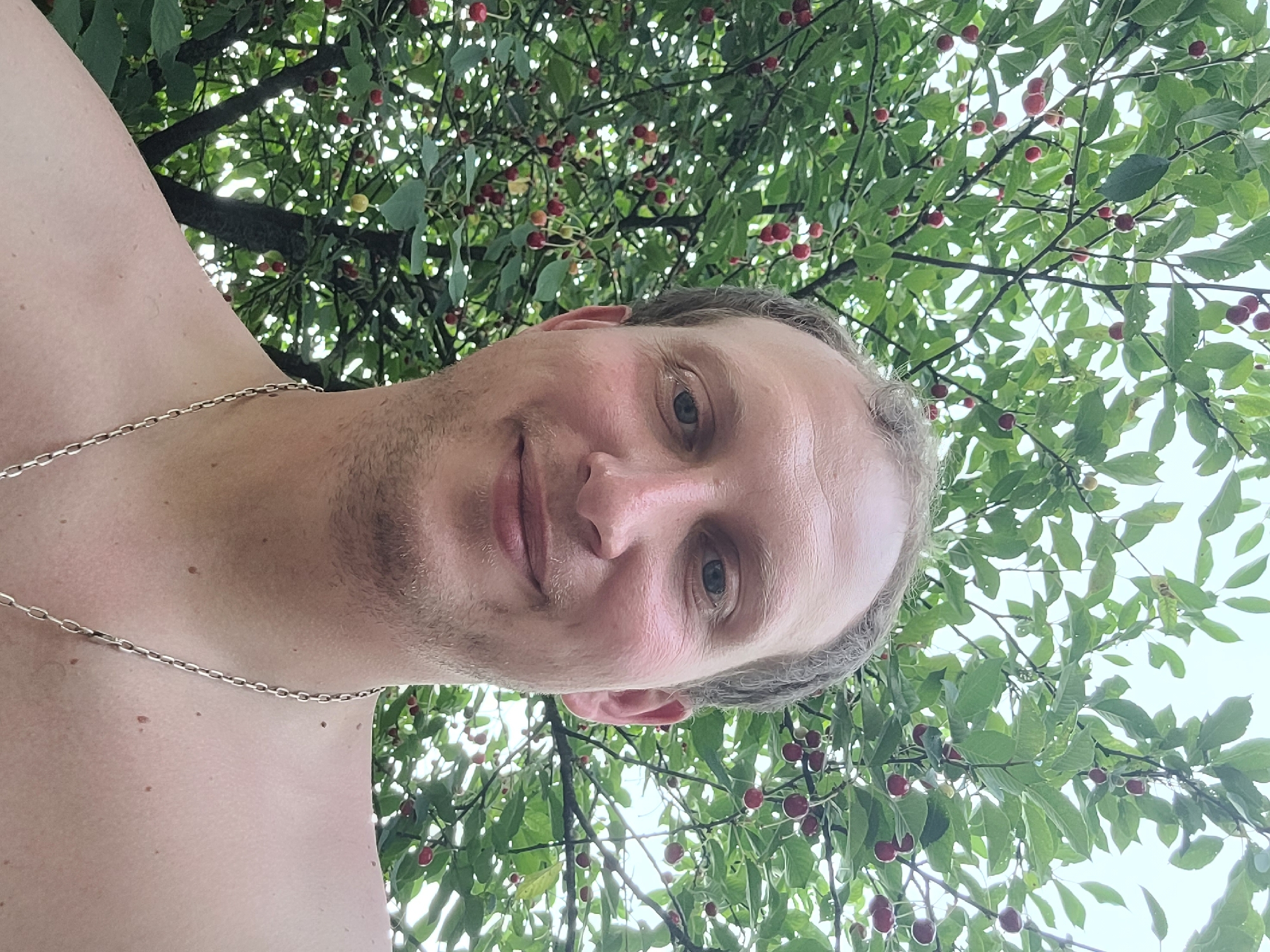 A man is taking a selfie in front of a cherry tree. He is shirtless and wearing a silver chain. The man has light brown hair and fair skin. The cherry tree is full of red cherries and green leaves. The background is a bright, overcast sky.