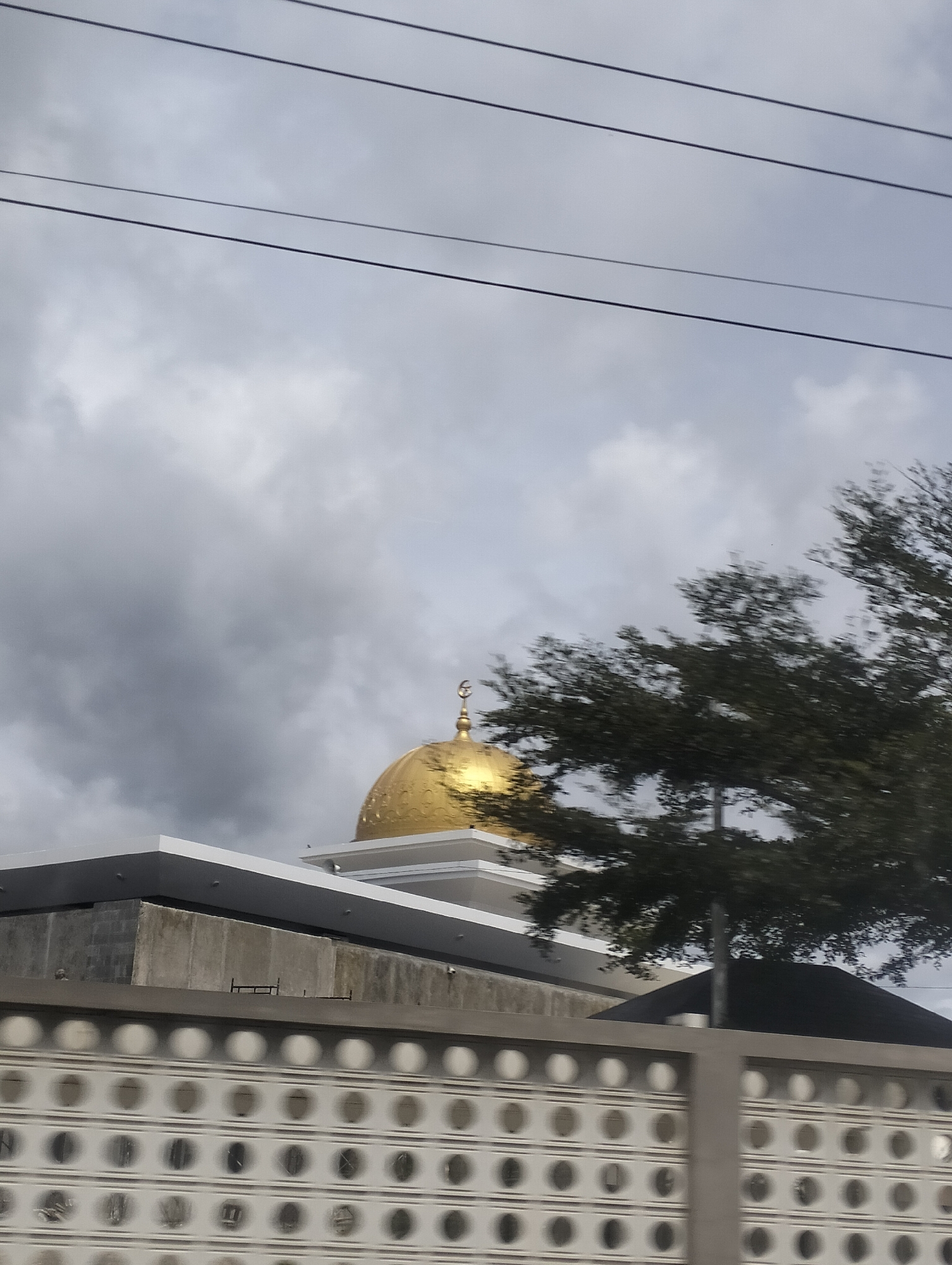 The image shows a view of a mosque with a golden dome, partially obscured by trees and electrical wires against a cloudy sky. The mosque appears to be a modern structure with white trim and a concrete wall in the foreground. A decorative white fence runs across the lower part of the image. The scene is likely from Reuhattuha, Indonesia, given the architectural style of the mosque.