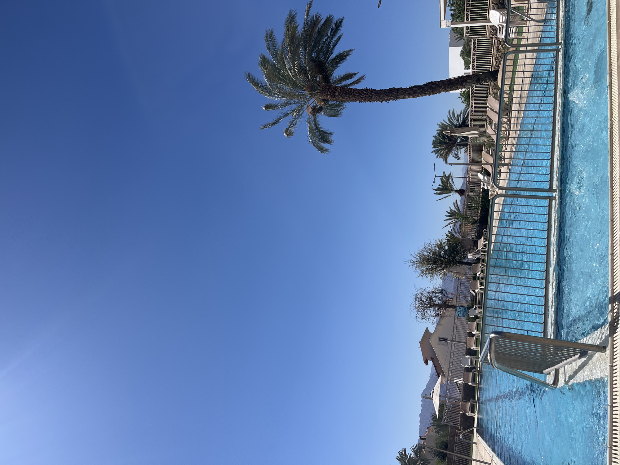 A clear blue sky dominates the upper portion of the image, with a faint lens flare visible in the top left corner. In the foreground, a bright blue swimming pool is prominent, with a metal railing partially submerged in the water and a set of metal stairs leading into it. The pool is surrounded by a tiled edge. Beyond the pool, a metal fence separates the pool area from the rest of the resort.
Several lounge chairs are arranged on the deck, some empty and some occupied by unseen individuals. A tall palm tree stands to the right of the frame, its fronds rustling gently. In the middle ground, buildings with white walls and red-tiled roofs are visible, interspersed with more palm trees and vegetation. In the distance, a range of mountains can be seen against the horizon. The overall scene suggests a sunny day at a resort in Eilat, Israel, likely a hotel or private residence with a pool area. The presence of palm trees, the clear blue sky, and the mountainous backdrop are characteristic of this Israeli city located on the Red Sea.