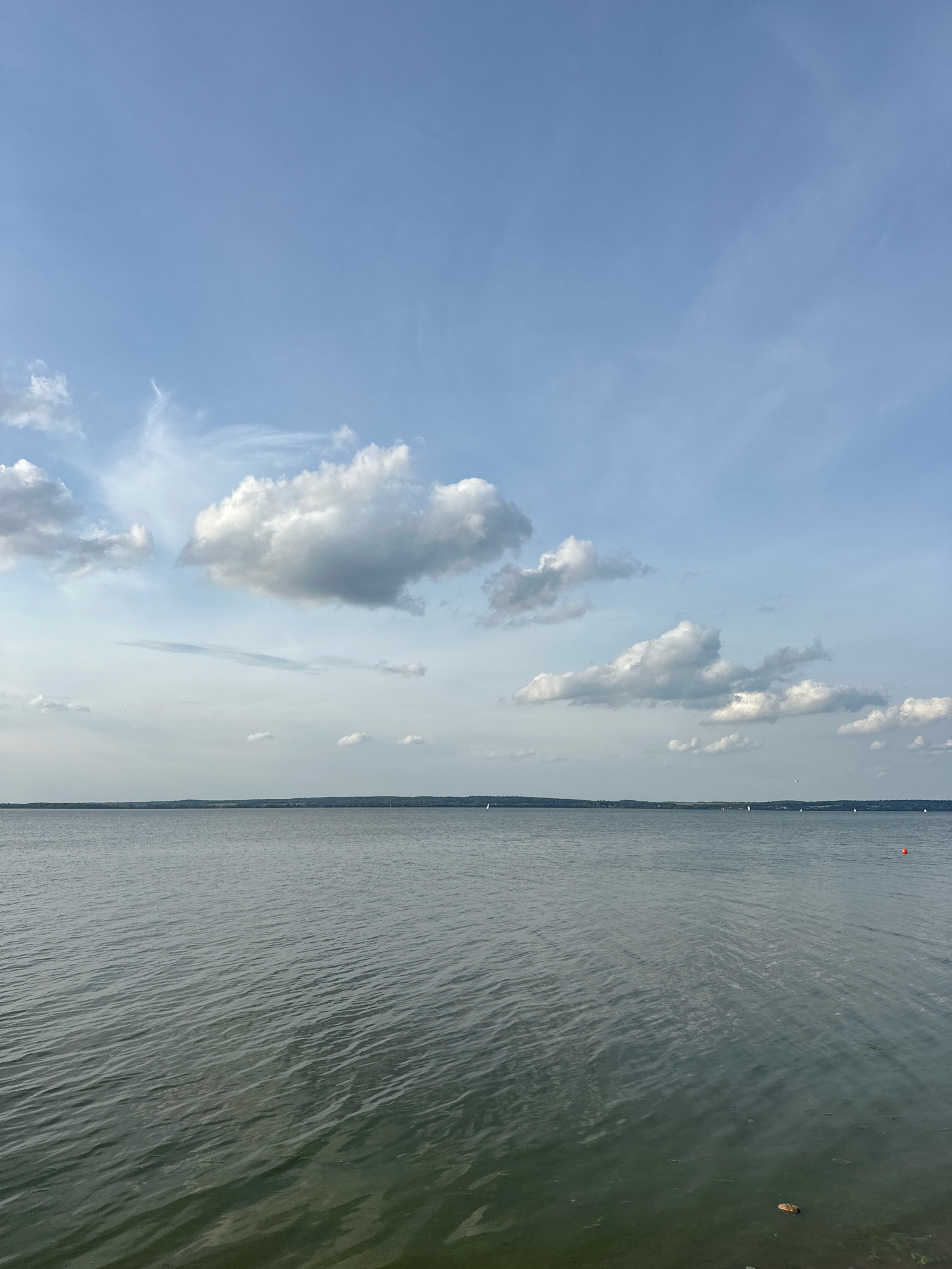 The image captures a serene view of a large body of water under a partly cloudy sky. The sky is a soft blue, with scattered white cumulus clouds, some appearing wispy. The water surface exhibits gentle ripples, suggesting a calm day. In the distance, a thin line of dark green, tree-covered land forms the horizon. Several small white sailboats are visible on the water, indicating recreational activity. A single, small orange buoy floats on the right side of the frame. The foreground shows the edge of the water with some small rocks and pebbles visible. The overall impression is one of a tranquil, natural landscape within the Zhdanovichi Village Council, Belarus.