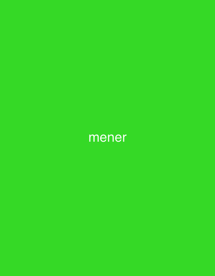 The image displays a plain, vibrant green background. The primary subject is the word "mener," rendered in white, sans-serif lowercase letters, positioned centrally within the frame. There are no other visible objects, people, or discernible scenes. No activity or event is taking place. The image lacks specific location cues, time of day indicators, or weather details. The overall impression is that of a minimalist graphic or a placeholder image with text.