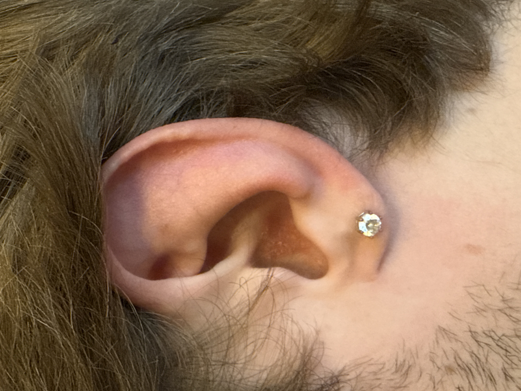 A close-up, head-and-shoulders, eye-level shot captures the side of a person's head, focusing on their ear. The subject has light skin and is adorned with a single, small, round, diamond stud earring in their left earlobe. Their hair, a light brown color, is visible and slightly out of focus around the ear. The background is dominated by the subject's hair, suggesting an indoor or controlled environment. There are no other distinguishing environmental features present in the image.