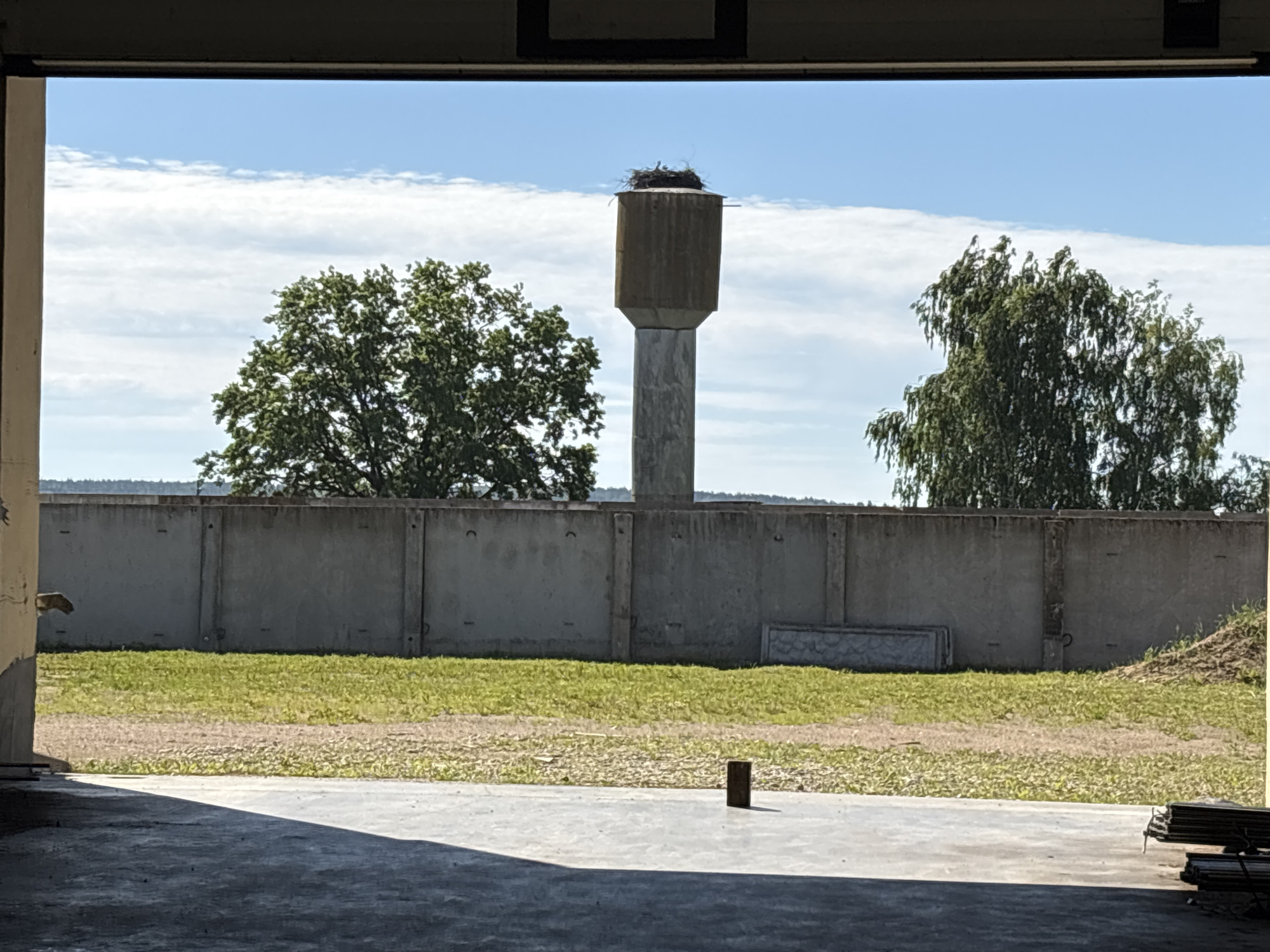 An exterior, eye-level, full shot shows a view through an open doorway or structure, looking out at a water tower with a bird's nest on top. The water tower, a tall, cylindrical concrete structure, stands in the center of the frame. Flanking the water tower are two large, green trees, one on the left and one on the right. A grey concrete wall runs horizontally across the middle ground, separating the foreground from the background. The foreground consists of a concrete floor partially covered in shadow. The background features a grassy area, a pile of dirt, and a blue sky with scattered white clouds. The scene appears to be set in a rural or semi-rural area. There are no people visible in the image.