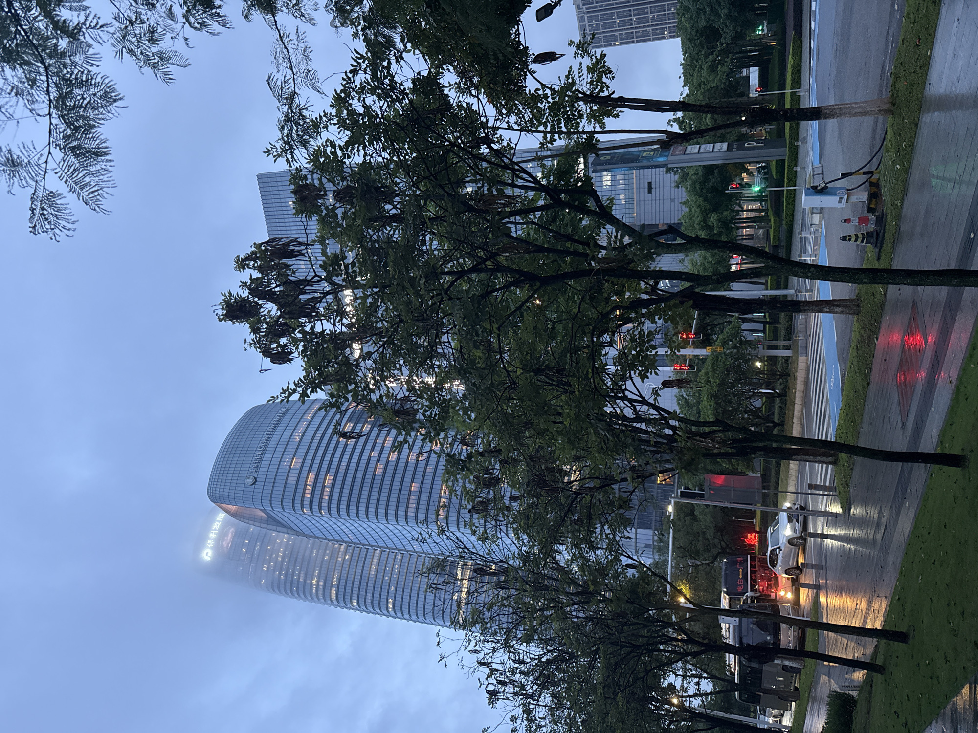 This image captures a street scene in Haizhu District, China, on a cloudy day, likely in the late afternoon or early evening as artificial lights are beginning to illuminate the surroundings. The foreground is dominated by the branches and foliage of trees, partially obscuring the view of the urban environment beyond.
The central subject is a modern, tall skyscraper with a distinctive curved facade, its windows lit from within, suggesting occupancy. The building appears to be made of glass and metal, reflecting the overcast sky. In the distance, other buildings can be seen, indicating a dense urban area.
The street is wet, implying recent rain, with reflections of lights visible on the pavement. A white car is parked on the side of the road, and a bus is also present, its headlights on. Traffic lights are visible, with some showing red and others green, suggesting the flow of traffic. There are also some charging stations for electric vehicles visible on the sidewalk, along with traffic cones.
The overall mood of the image is subdued, possibly due to the weather and the muted lighting. The presence of trees adds a touch of nature to the otherwise cityscape. The visible text on the bus, "白云", appears to be a place name or company name. There is also text visible on the side of the skyscraper, but it is largely obscured by fog or clouds.