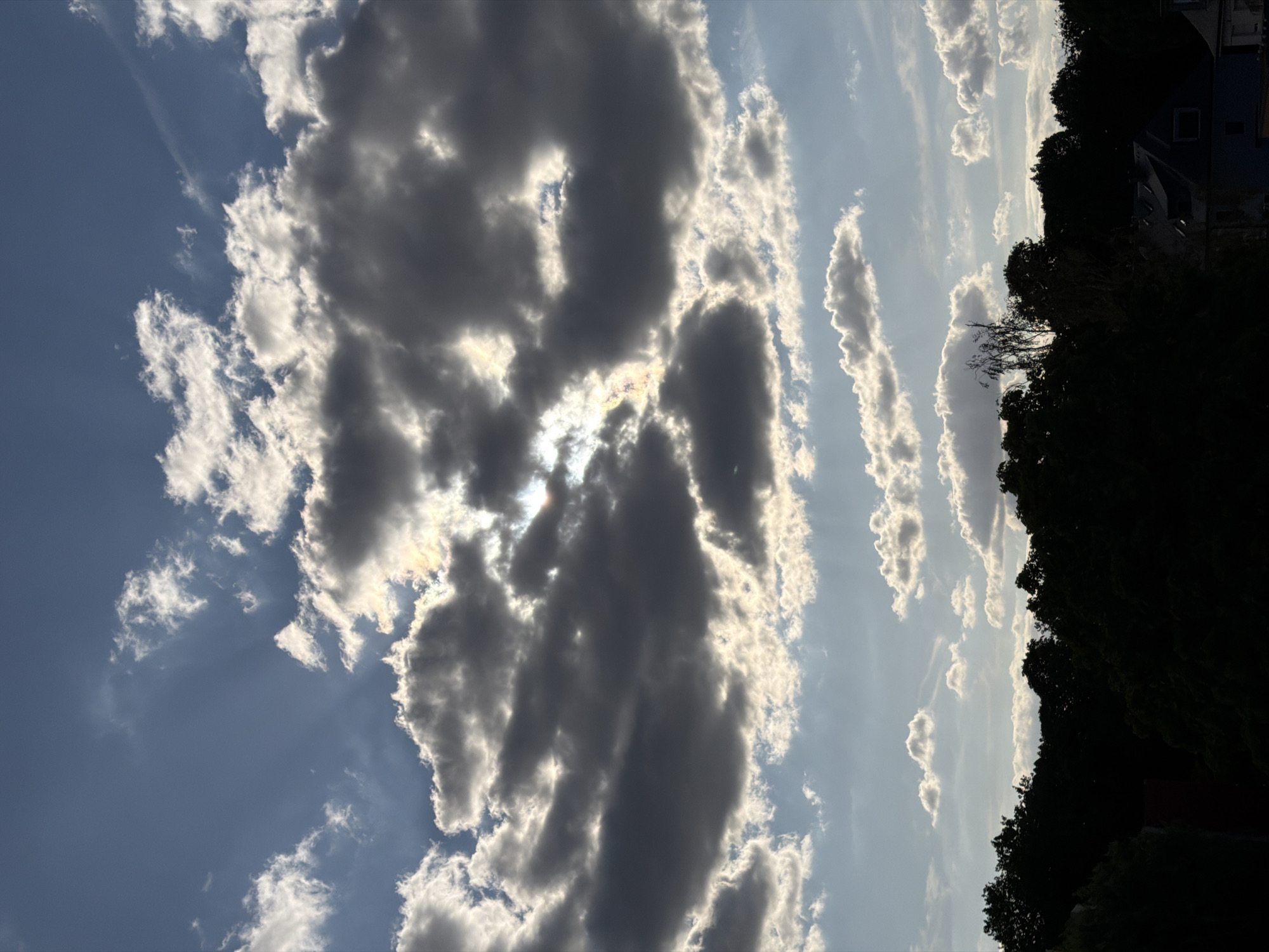 The image depicts a cloudy sky above a silhouetted line of trees and a few buildings. The sun is partially obscured by dark, heavy clouds, casting rays of light through the gaps. The sky is a gradient of blue, with lighter tones towards the horizon. Scattered, brighter clouds are visible in the distance. The foreground is dominated by the dark silhouettes of trees, suggesting a dense wooded area. A few rooftops of buildings are visible through the trees, hinting at a residential or urban fringe setting. The overall impression is of a natural landscape meeting a built environment under dramatic cloud cover. The location is Esch-sur-Alzette, Luxembourg.