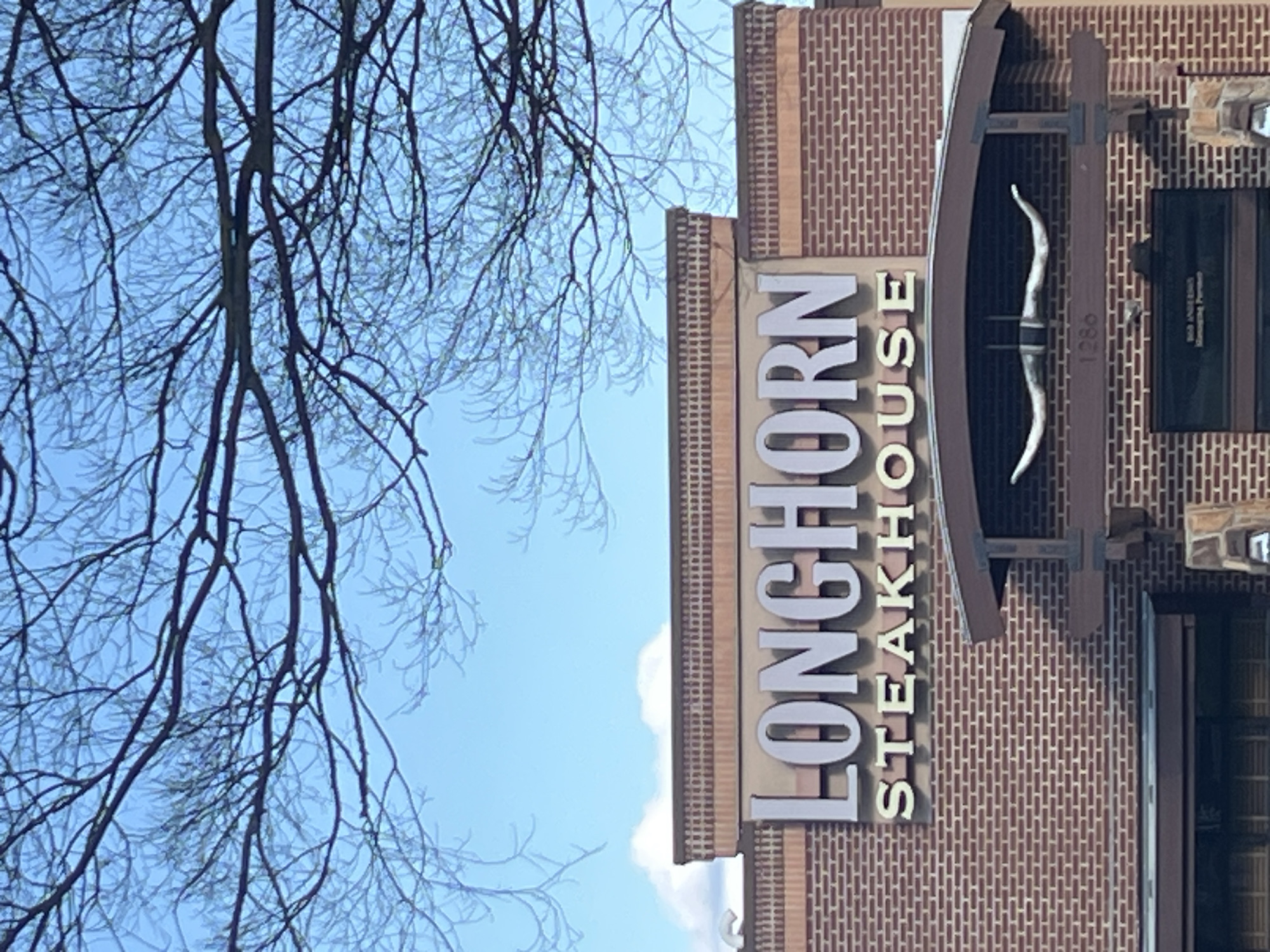 The image shows a Longhorn Steakhouse restaurant on a partly sunny day in the City of Newburgh, United States of America. The sign for the restaurant is displayed prominently against a brick wall. A leafless tree occupies the left side of the frame, set against a blue sky with some clouds. The restaurant's logo features longhorns.