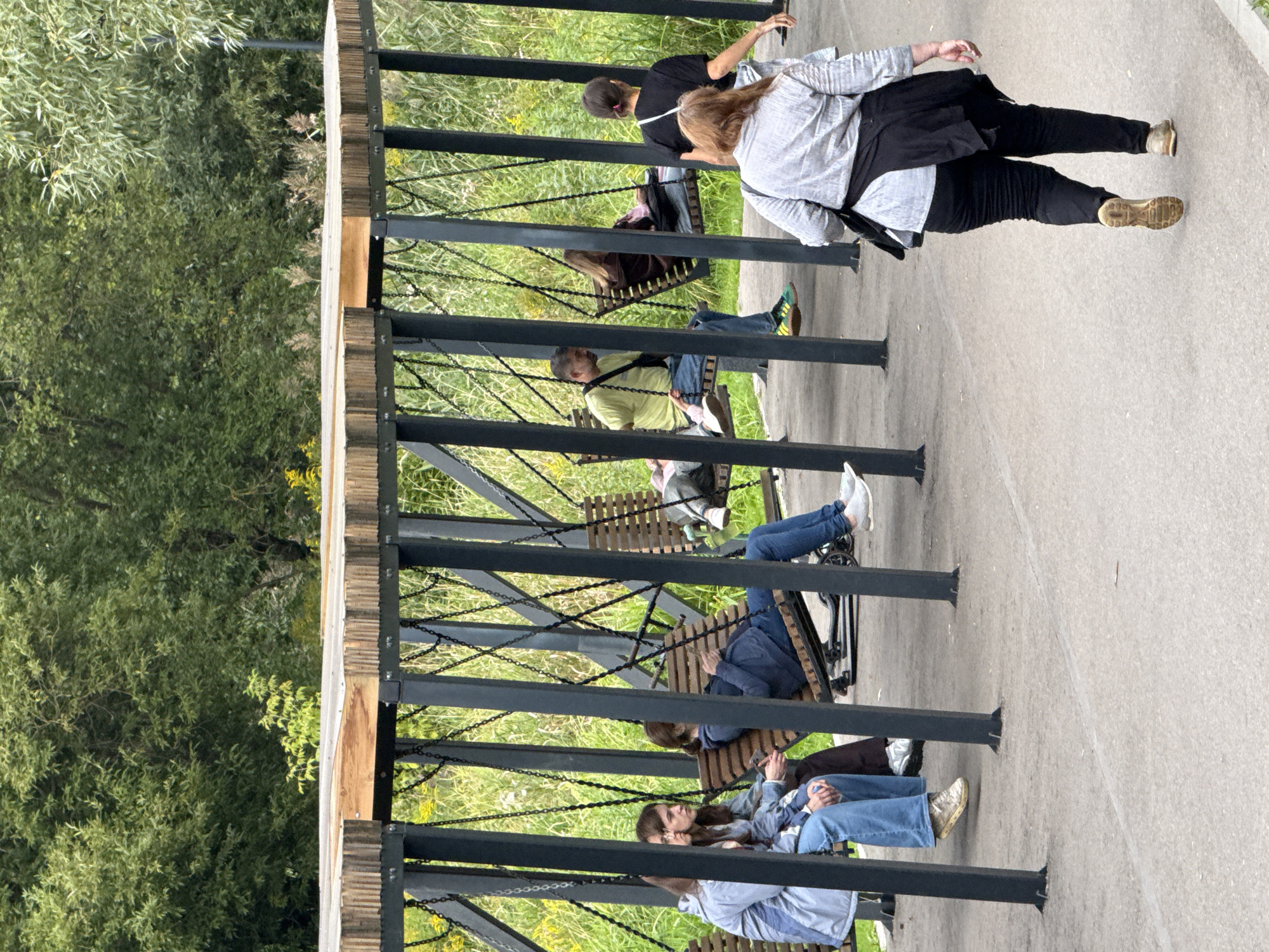The image depicts an outdoor scene with a group of people on swings in a park-like setting. The swings are suspended from a wooden and metal structure. Several individuals are seated on the swings, appearing relaxed. In the foreground, a woman is walking away from the camera on a paved path. The background consists of lush green trees and foliage, suggesting a natural environment within or adjacent to a city. The overall atmosphere is leisurely, with people enjoying a day outdoors.