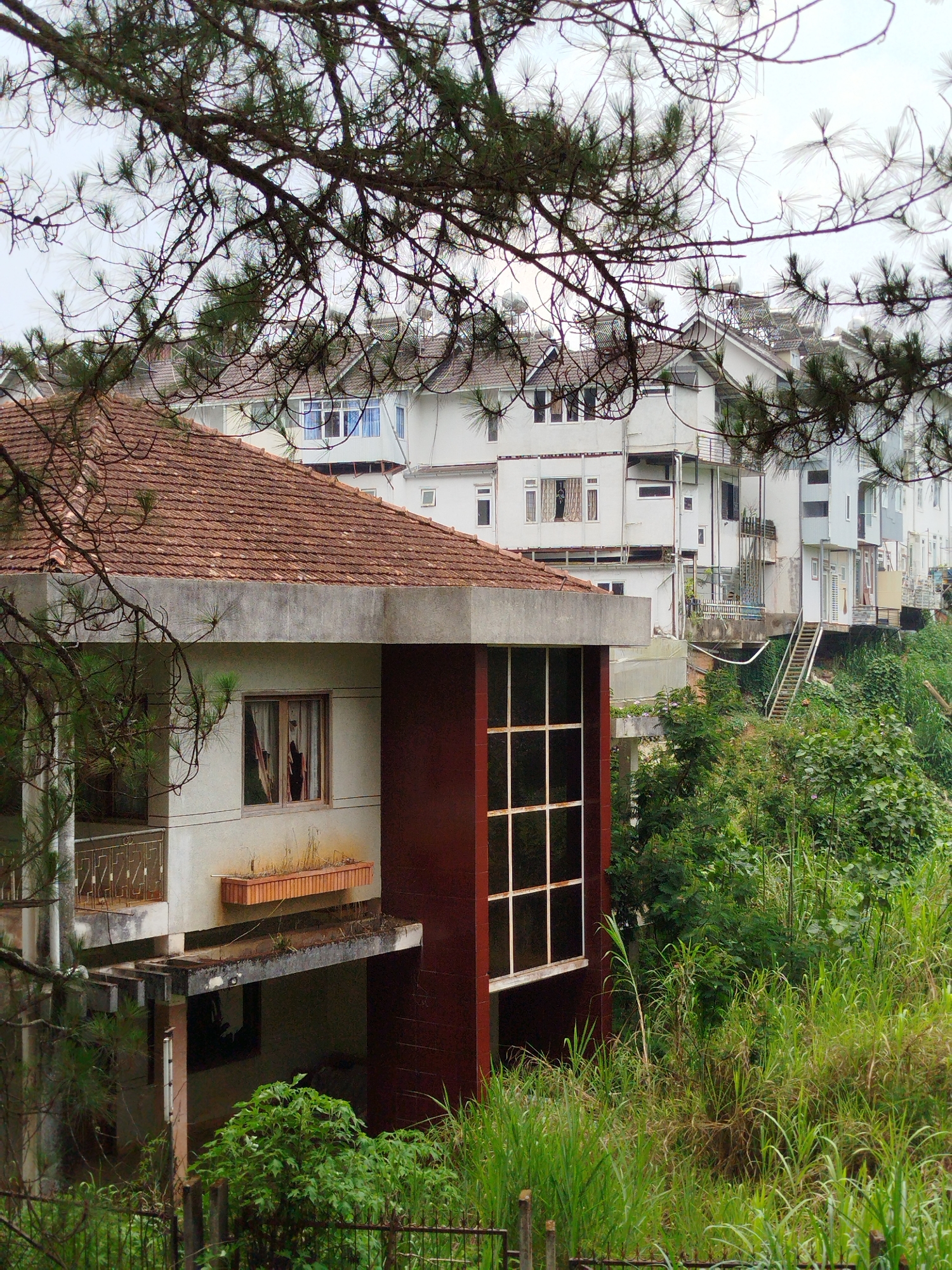The image depicts a multi-story residential area in Lang Biang - Đà Lạt, Vietnam. A two-story house with a reddish-brown tiled roof is visible in the foreground. Its facade is a weathered white, with a burgundy-colored, multi-paneled window extension on one side. A lower, open-air level suggests a basement or storage area. A balcony extends from the second story. The property appears to be somewhat neglected, with overgrown vegetation in the surrounding area. A black metal fence runs across the foreground. In the background, a series of multi-story white buildings ascend the hillside. Some have solar panels on the roof. Stairs can be seen leading to the upper levels. The sky is overcast. A pine tree branch obscures part of the view in the upper portion of the image.