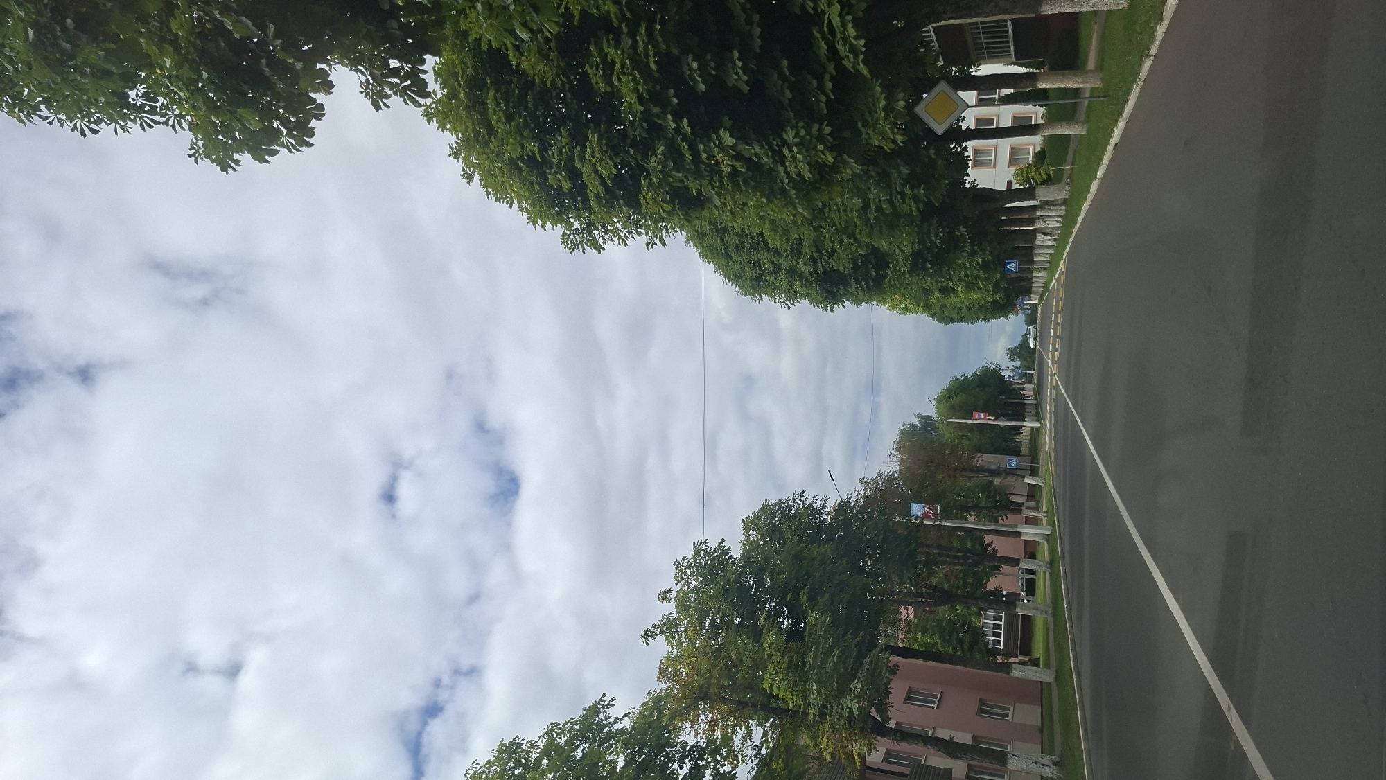 The image shows a street scene in Myadzyel, Belarus, on a cloudy day. The perspective is from a vehicle, looking down a paved road lined with trees. On the left side of the road are low-rise buildings, likely apartment complexes, painted in a peachy-pink color with white trim on the tree trunks. On the right side, similar buildings with white facades and windows are visible, also with white-trimmed tree trunks along the sidewalk. The road has white lane markings and speed bumps. Several blue pedestrian crossing signs are visible along the right side of the road. A yellow diamond-shaped sign is also present on the right. Traffic is light, with one white car visible in the distance at the end of the street. The sky is filled with a mix of white and grey clouds. The overall impression is a quiet, residential street in a Belarusian town.