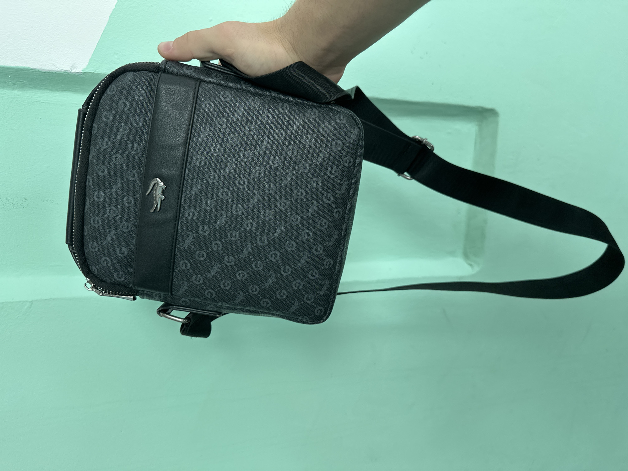 A person's hand is holding a black crossbody bag with a repeating pattern of a stylized "G" and a small crocodile emblem. The bag is against a light teal-colored wall. The lighting is bright, creating some shadowing. The image appears to be taken in an indoor setting, possibly a room or hallway, with a section of the wall casting a shadow. There is no indication of the city of Birobidzhan, Russia, or any urban features.