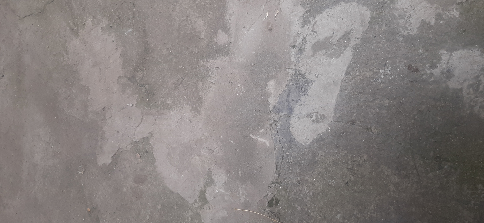 The image shows a close-up, high-angle view of a wet, cracked concrete surface. The concrete is predominantly gray with darker, wet patches and lighter, dried areas. There are visible cracks and some small debris scattered across the surface, including what appears to be a thin piece of straw or grass on the left side. The lighting is diffused, suggesting an overcast day or indoor lighting. There are no people, animals, or discernible objects beyond the concrete itself. The scene is static and provides no indication of activity or context beyond its immediate visual elements. The location of Yessentukskaya, Russia, is not visually represented in the image.