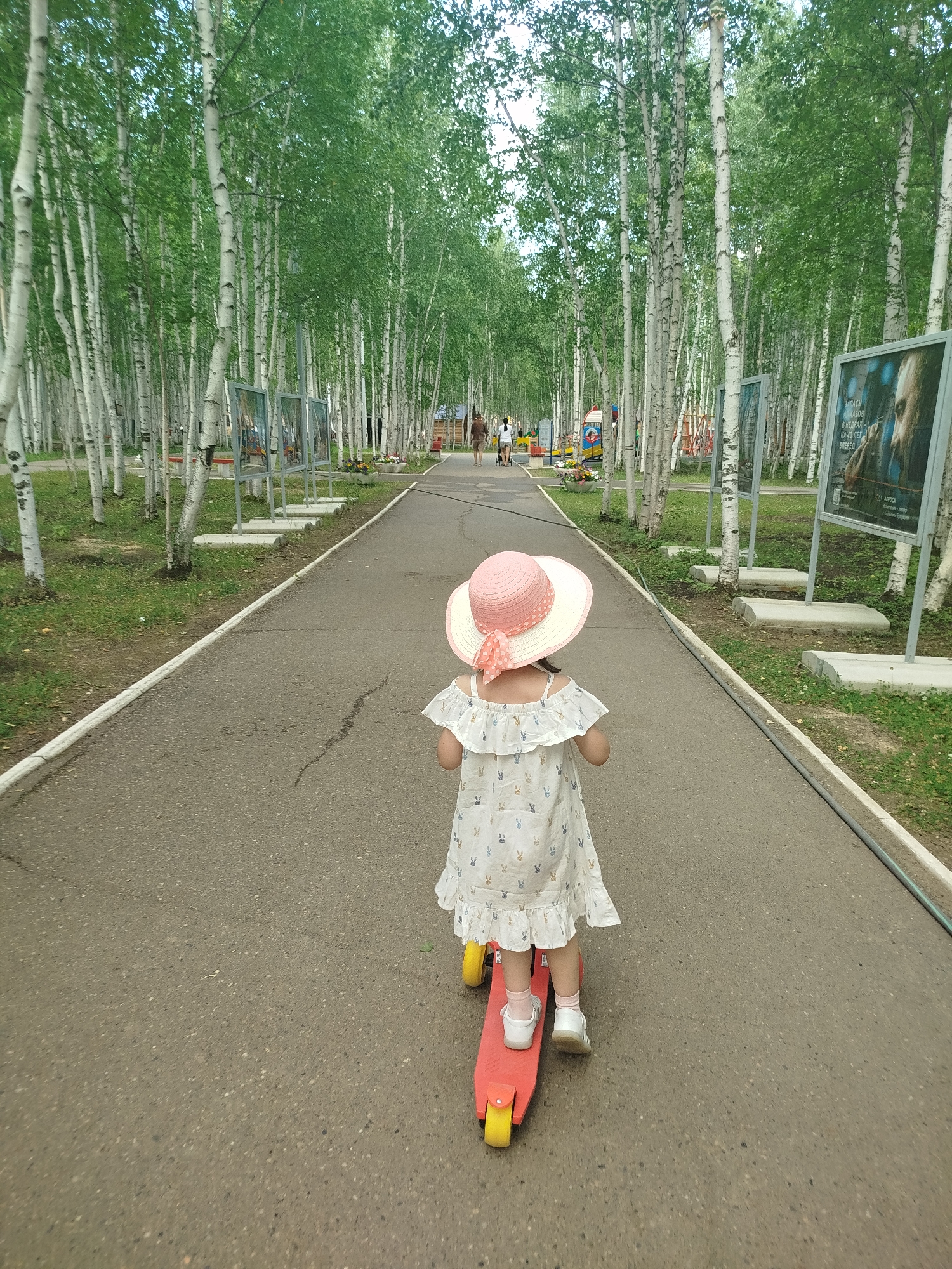 A young girl wearing a white dress with a bunny print and a pink sun hat rides a red scooter down a paved path lined with birch trees. The path is in the city of Mirny, Russia. The girl's back is to the camera. The trees are tall and slender with white bark and green leaves. In the background, there are some people walking and playground equipment. There are also framed posters on the right side of the path. The ground is covered with grass and some patches of dirt. The sky is overcast.