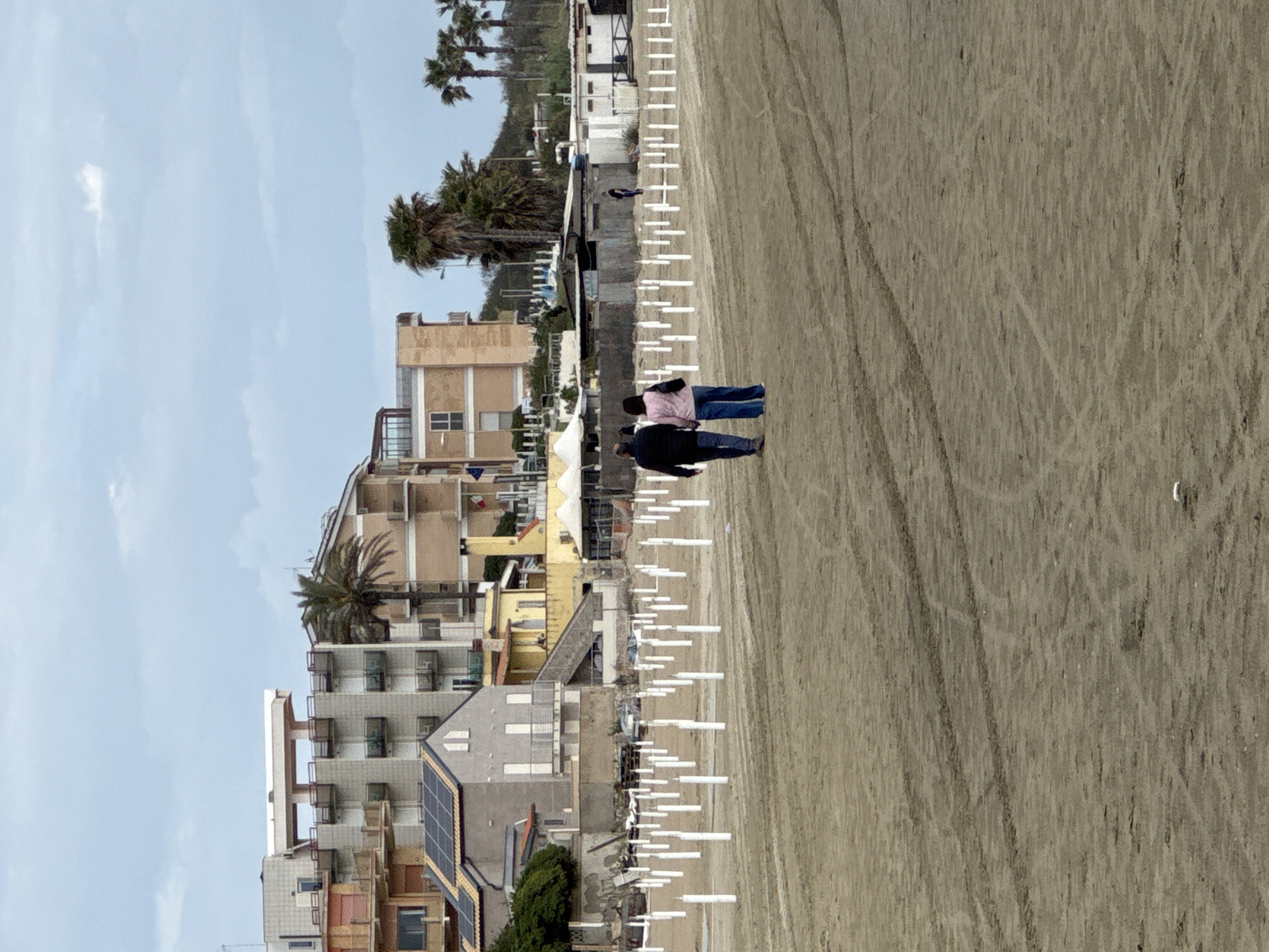 The image captures a coastal scene, likely a beach or waterfront promenade, lined with buildings under a clear sky. The photo is oriented vertically, with the sky on the right, buildings on the left, and a wide expanse of sand at the bottom extending to the right.
Two individuals are the primary subjects, seen from behind, walking from left to right across the sandy ground. One person is wearing a light pink top and blue jeans, while the other is dressed in a dark jacket or shirt and blue jeans. They appear to be walking casually, possibly enjoying a stroll.
To the left of the sandy area, a continuous line of multi-story buildings forms the backdrop. These buildings vary in style, some appearing residential with balconies and windows, others possibly commercial establishments. Several palm trees are visible, integrated into the urban landscape and also protruding from behind some structures. Some buildings feature modern amenities like solar panels on their roofs or facades. Flags, featuring red, white, and green stripes (suggesting the Italian flag), are visible on a building towards the top left, aligning with the given location context of Nettuno, Italy.
A series of short, white poles or posts line the edge between the buildings and the sand, possibly demarcating sections of the beach or pathways. The sandy ground itself shows numerous tracks and patterns, indicative of foot traffic or possibly maintenance vehicles. The sky is a light blue with minimal, faint clouds, suggesting a pleasant daytime setting, likely late morning or afternoon, given the even lighting and lack of harsh shadows. There is no discernible text visible in the image.