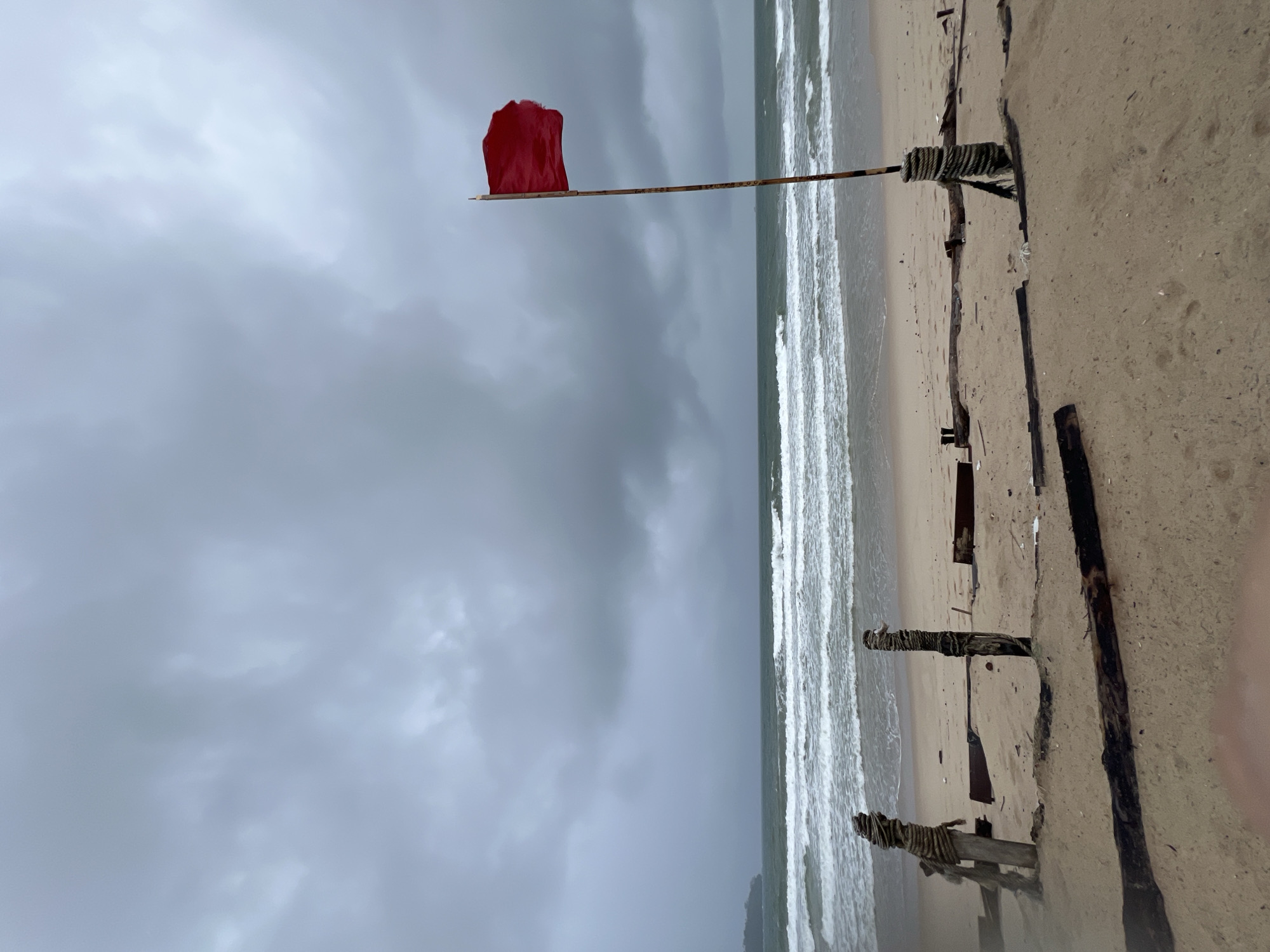 The image, oriented vertically, depicts a gloomy, overcast day at a beach. A prominent red flag, tied to a simple wooden pole, stands against a heavily clouded, dark gray sky. The flag is slightly unfurled, indicating wind.
To the right of the flag, the ocean stretches horizontally across the middle of the frame, with white-capped waves breaking and rolling towards the shore, suggesting rough conditions. The water appears dark and turbulent under the somber sky.
The sandy beach occupies the rightmost portion of the image, extending from the foreground to the mid-ground. Scattered along the sand are several weathered wooden posts or pieces of debris, some wrapped with rope, possibly remnants of a former structure or driftwood washed ashore.
The overall atmosphere is one of foreboding or caution, amplified by the dark clouds, choppy water, and the red warning flag. There are no people visible, and no discernible text. The scene conveys a sense of wild, untamed nature on a moody day.