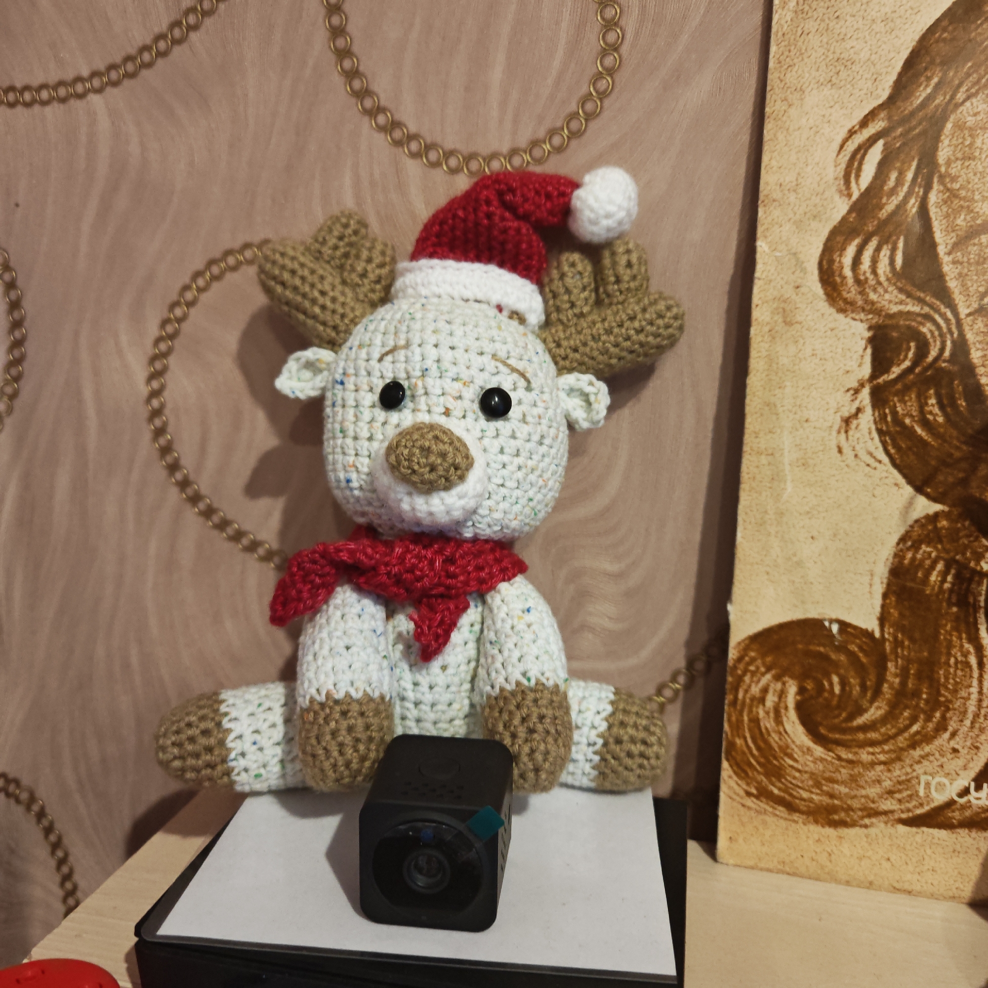 A crocheted stuffed reindeer toy wearing a red and white Santa hat and a red scarf sits on a white square surface. In front of the reindeer is a small, black cube-shaped object, likely a camera or electronic device. The reindeer is positioned on the left, and to the right of it, partially visible, is a weathered, aged book with a brown abstract design. The background consists of a patterned wallpaper with chain-like designs. The scene is indoors and appears to be on a shelf or table. There is no evidence to indicate this image was taken in Rostov, Russia.