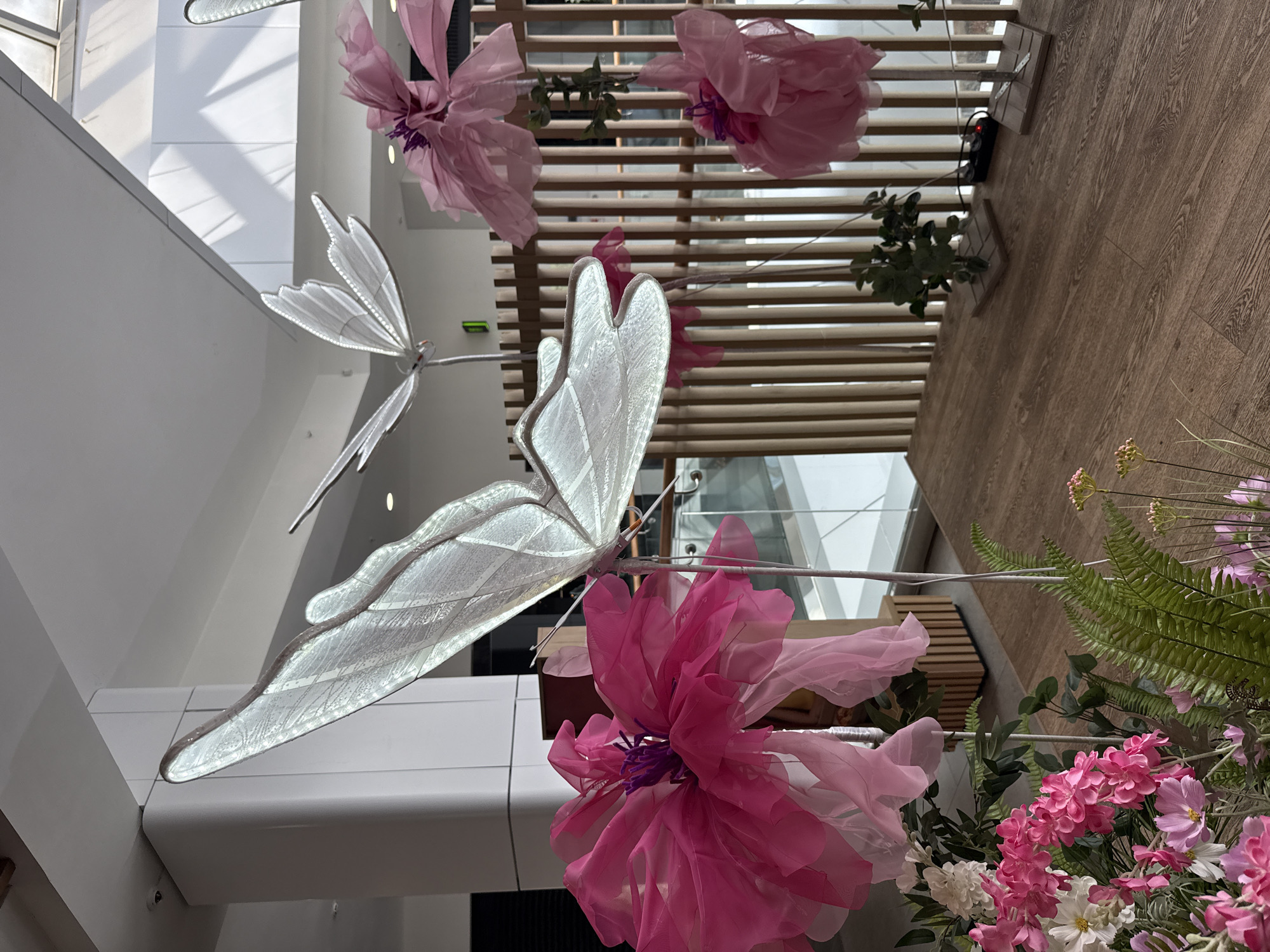 The image depicts an indoor floral and butterfly-themed art installation, likely in a public space such as a mall or atrium. The main subjects are several large, translucent white butterflies with illuminated wings suspended mid-air, and an assortment of oversized, vibrant pink and white artificial flowers. The butterflies appear to be made of a delicate, semi-transparent material, possibly fabric or plastic, with visible internal lighting. The flowers are crafted from layered, flowing fabric, creating a voluminous and ethereal effect.
In the foreground, a dense cluster of artificial pink and white flowers, along with green fern fronds, anchors the scene. The installation is set against a backdrop of a modern interior with white structural elements and a wooden slat wall. A wooden floor with a visible grain pattern covers the ground. In the mid-ground, a series of vertical wooden slats form a decorative partition. Further back, a glass railing and an atrium-like ceiling with natural light filtering through are visible. Two small potted plants are placed on the wooden floor, one near an electrical outlet strip.
There are no people visible in the image. The lighting appears to be a combination of ambient natural light from above and the internal illumination of the butterfly sculptures. The scene is static, suggesting a decorative exhibit.
Without additional information or context, it is not possible to definitively place this scene in Izhevsk, Russia, or any specific city. The visual elements themselves do not contain any geographically specific indicators that would confirm a location in Izhevsk.