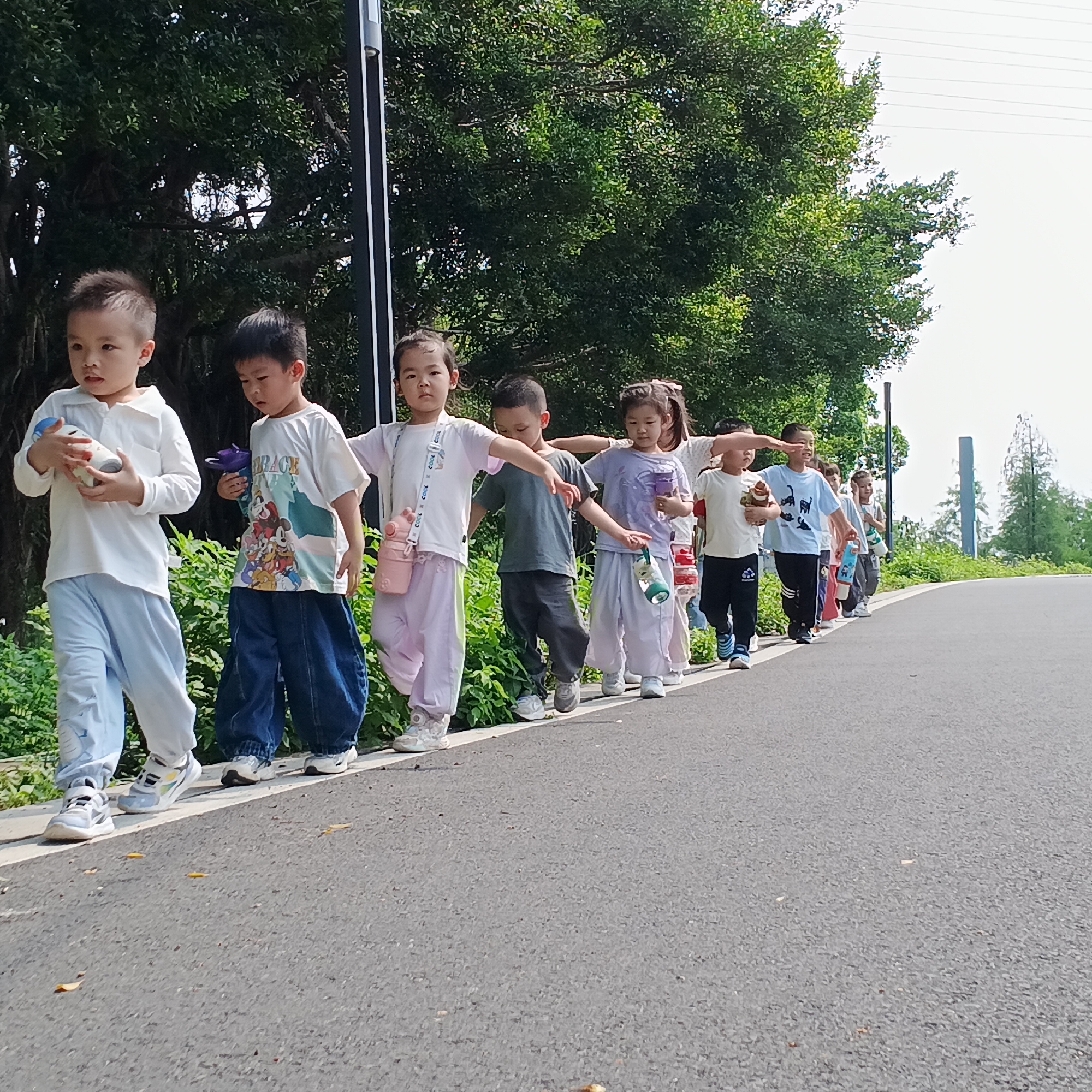 This image depicts a group of approximately ten young children, likely preschoolers or early elementary students, walking in a single file line along a paved road in Shunde District, China. The children appear to be on an outdoor excursion or field trip.
The subjects are diverse in appearance, with varying hairstyles and facial expressions, generally neutral or mildly curious. They are dressed in casual, comfortable attire, including short-sleeved and long-sleeved t-shirts, light-colored pants, track pants, and jeans, paired with sneakers. Many children are holding colorful water bottles or drink containers, such as white and blue, purple, pink, green, and brown, indicating a potentially warm day or a planned hydration stop. One child has a pink cross-body bag.
The scene is an outdoor setting under bright, clear daylight, suggesting late morning or early afternoon. The weather is sunny with a clear sky visible on the right side of the frame. The road is asphalt, marked by a crisp white line along its edge. To the left, lush, dense green foliage, comprising bushes and trees, lines the path, creating a natural and vibrant backdrop. Dark poles, possibly streetlights or utility poles, stand vertically alongside the road, and faint power lines are visible against the sky in the upper right.
The children are engaged in the activity of walking in an orderly line, extending into the distance, with the child closest to the viewer on the far left. Their focus varies, with some looking forward along the path and others glancing to the side.
Visible text details include "DRACE" and a cartoon character (resembling Mickey Mouse) on the t-shirt of the second child from the left, and "CORE" on the strap of a pink water bottle carried by the third child from the left. A small white logo, possibly a recycling symbol, is visible on the black pants of a child further down the line.