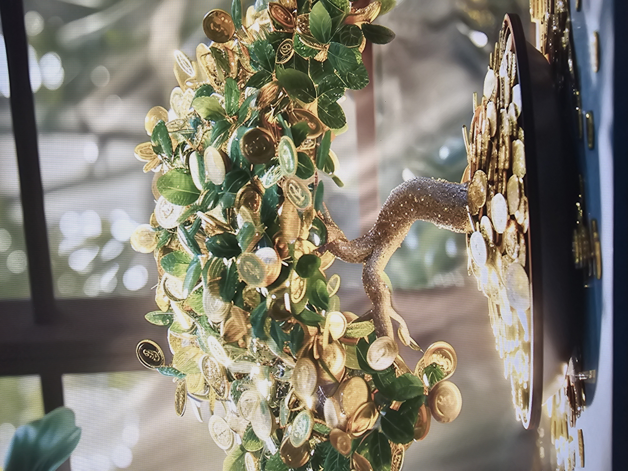 The image depicts a decorative bonsai tree adorned with gold coins and green leaves, set in a pot overflowing with more coins. The tree's trunk is textured with glitter. In the background, a blurred window allows light to stream through, creating bright bokeh effects. The overall scene is one of wealth and prosperity, with scattered coins visible on the surface below the pot. There is no indication of the city of Skadovsk, Ukraine, or any specific urban environment. The image is a close-up shot, focusing entirely on the money tree and its immediate surroundings. No people are present in the scene.