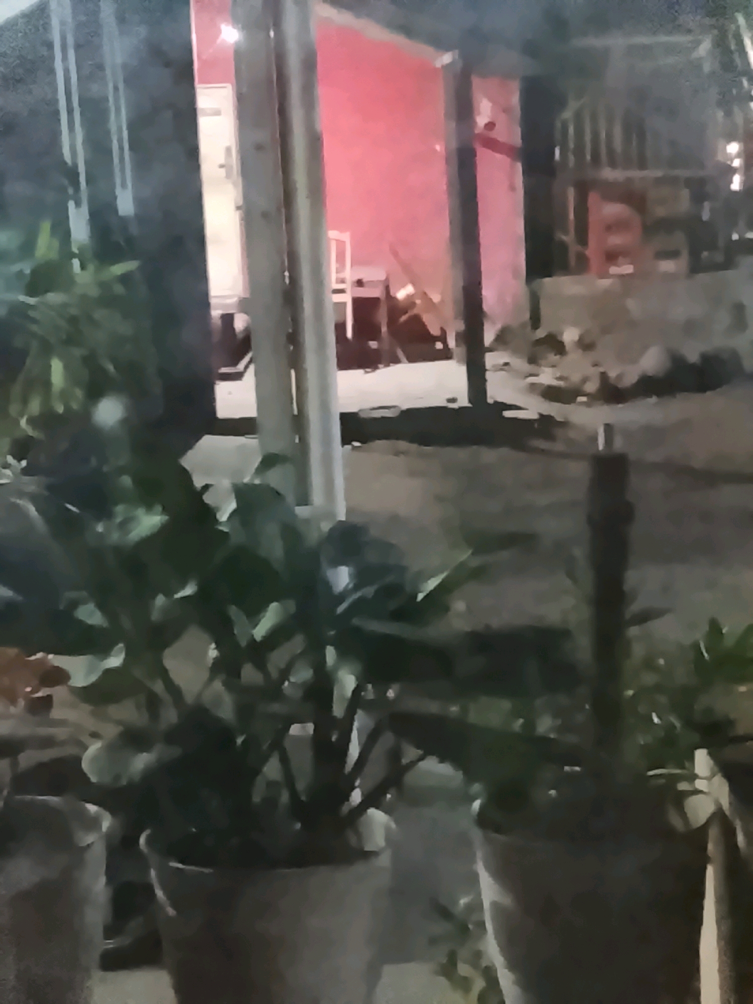 The image depicts an outdoor scene at night, possibly in Ujungrusi, Indonesia, characterized by low lighting and a slightly blurry quality. In the foreground, two potted plants are visible. The plant on the left is largely obscured by darkness, while the one on the right is more clearly defined, showing dark green leaves. Behind the plants, a building with a bright pink interior is illuminated, visible through an open doorway. The doorway is framed by vertical wooden posts. Beyond the building, there are indications of a cluttered outdoor area with some debris. The overall impression is of a dimly lit residential or commercial space at night.