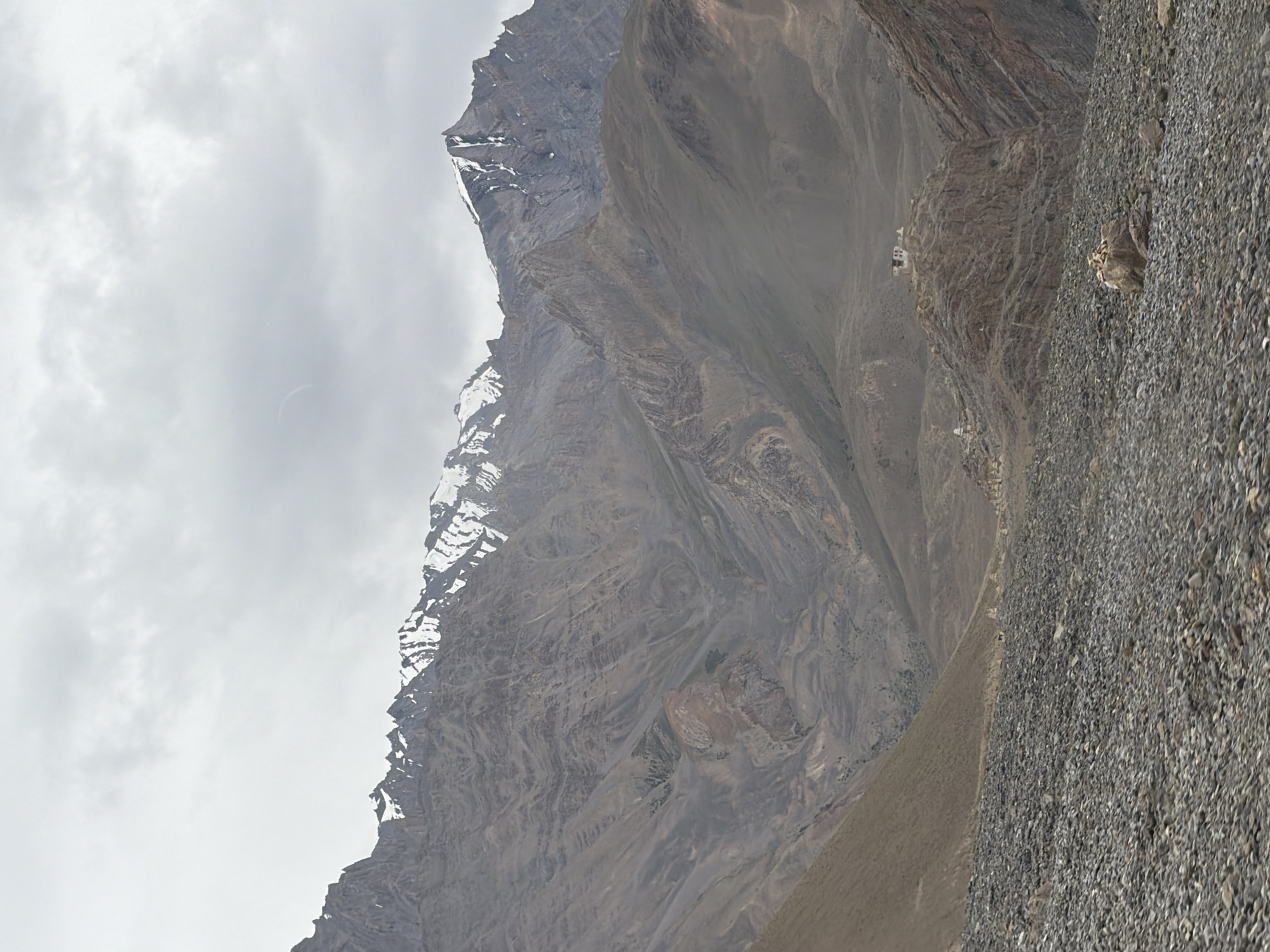 A wide shot of a mountainous, arid landscape under a cloudy sky. The foreground is a rocky, gray terrain. In the middle ground, there are several small, white structures, possibly prayer flags or stupas, nestled on a rocky incline. Further back, massive, layered mountains dominate the scene, with some snow-capped peaks visible against the overcast sky. The colors are muted, with shades of gray, brown, and white. The scene appears to be in Zangla, India, based on the context provided. There are no people or visible animals in the image.