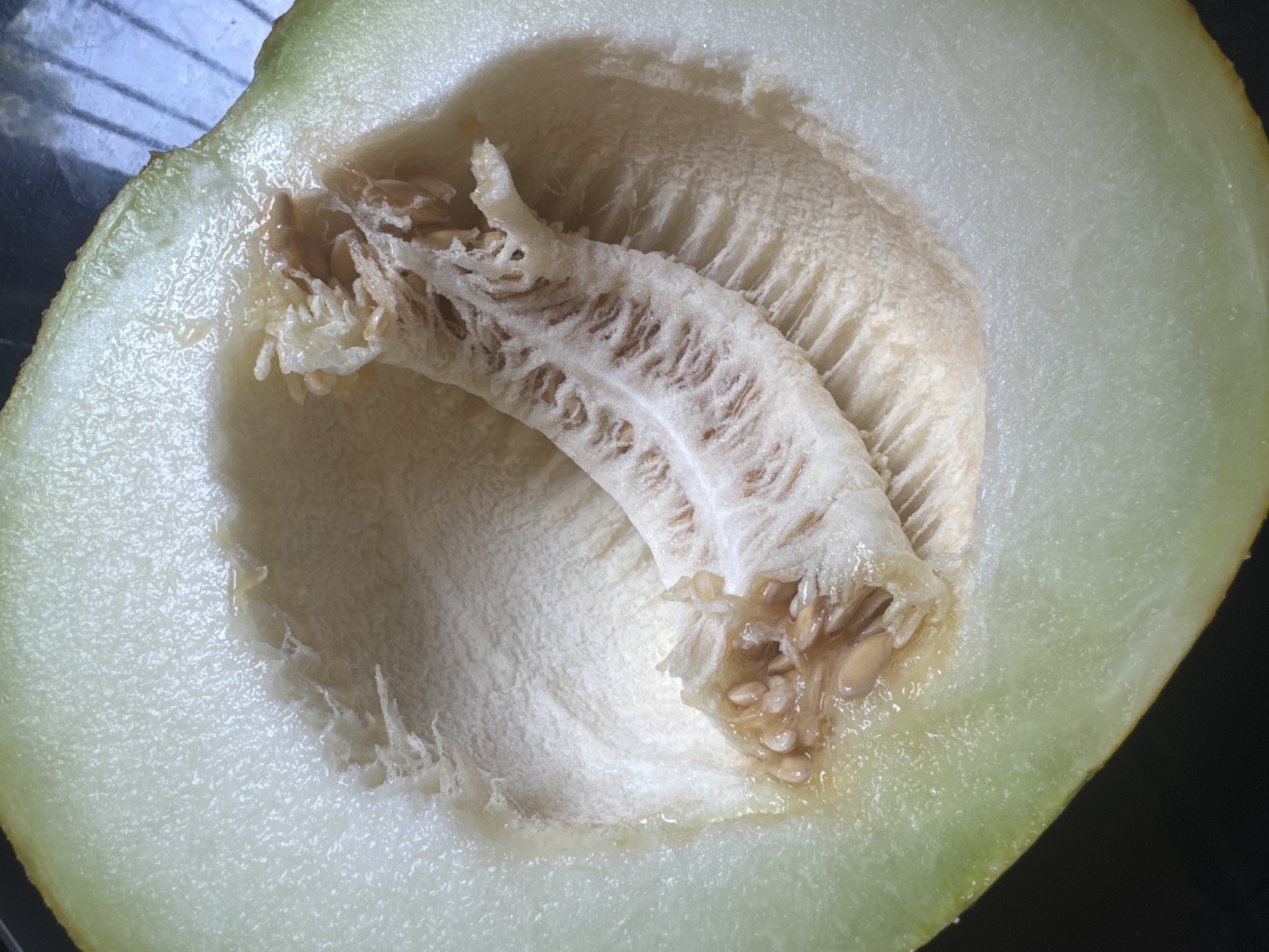 The image is a close-up, overhead shot of a halved honeydew melon. The flesh of the melon is a pale green color, and the texture is slightly grainy. The seeds are clustered in the center of the melon, embedded in a stringy, white pulp. The seeds themselves are oval-shaped and have a light brown color. The background is dark and out of focus, with some hints of a blurry grid pattern, possibly a window or a grate. There are no people or specific landmarks visible that would indicate a location in Tashkent, Uzbekistan. The image focuses solely on the fruit.