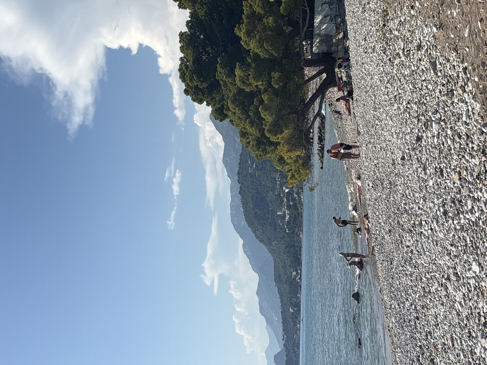 The image depicts a sunny day at a pebble beach in Bar, Montenegro. The sea is calm and blue, with gentle waves lapping the shore. In the background, lush green mountains rise, dotted with houses and trees, creating a picturesque coastal landscape. A large, sprawling tree with dense green foliage provides shade on the beach.
Several people are enjoying the beach. Some are wading in the shallow water, while others are sunbathing or relaxing on the pebbles. A couple stands together near the water's edge, and another group is seated under the shade of the tree. The overall atmosphere is one of leisure and relaxation. The beach itself is covered in smooth, grey pebbles of varying sizes.