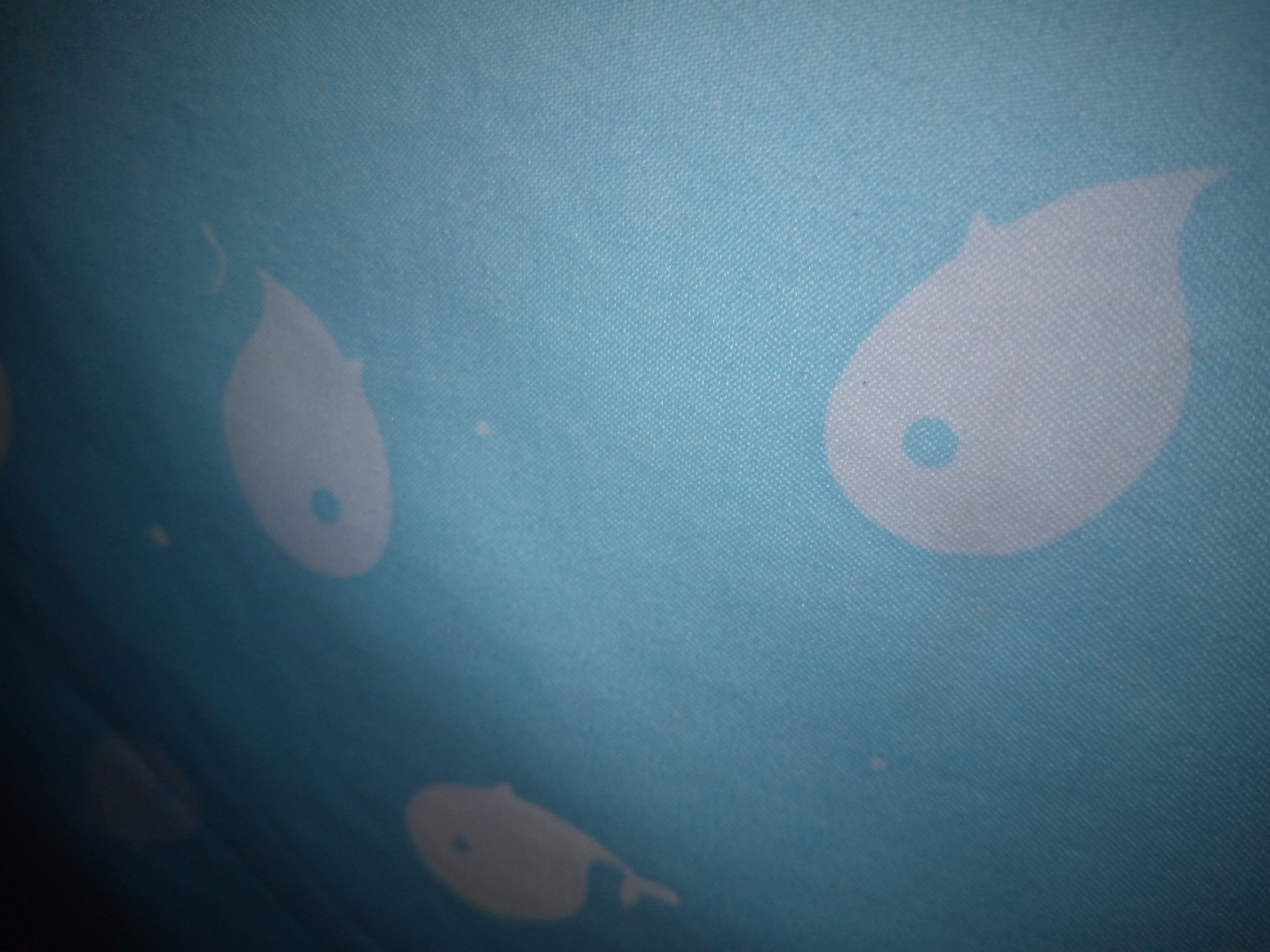 The image displays a close-up, angled view of a blue fabric with a textured weave, possibly a shower curtain or tablecloth, featuring a repeating pattern of white stylized whale shapes. The whales have a rounded body, a pointed tail, and a single dark blue dot representing an eye. Three complete whale shapes are visible, along with partial glimpses of others. The lighting suggests an indoor environment, and the overall impression is one of a children's themed item. The image does not depict any identifiable landmarks or specific characteristics that would allow for its location to be pinpointed to Jalingo, Nigeria, or any other specific geographical location within a city. The scene is static and shows no human presence or activity.