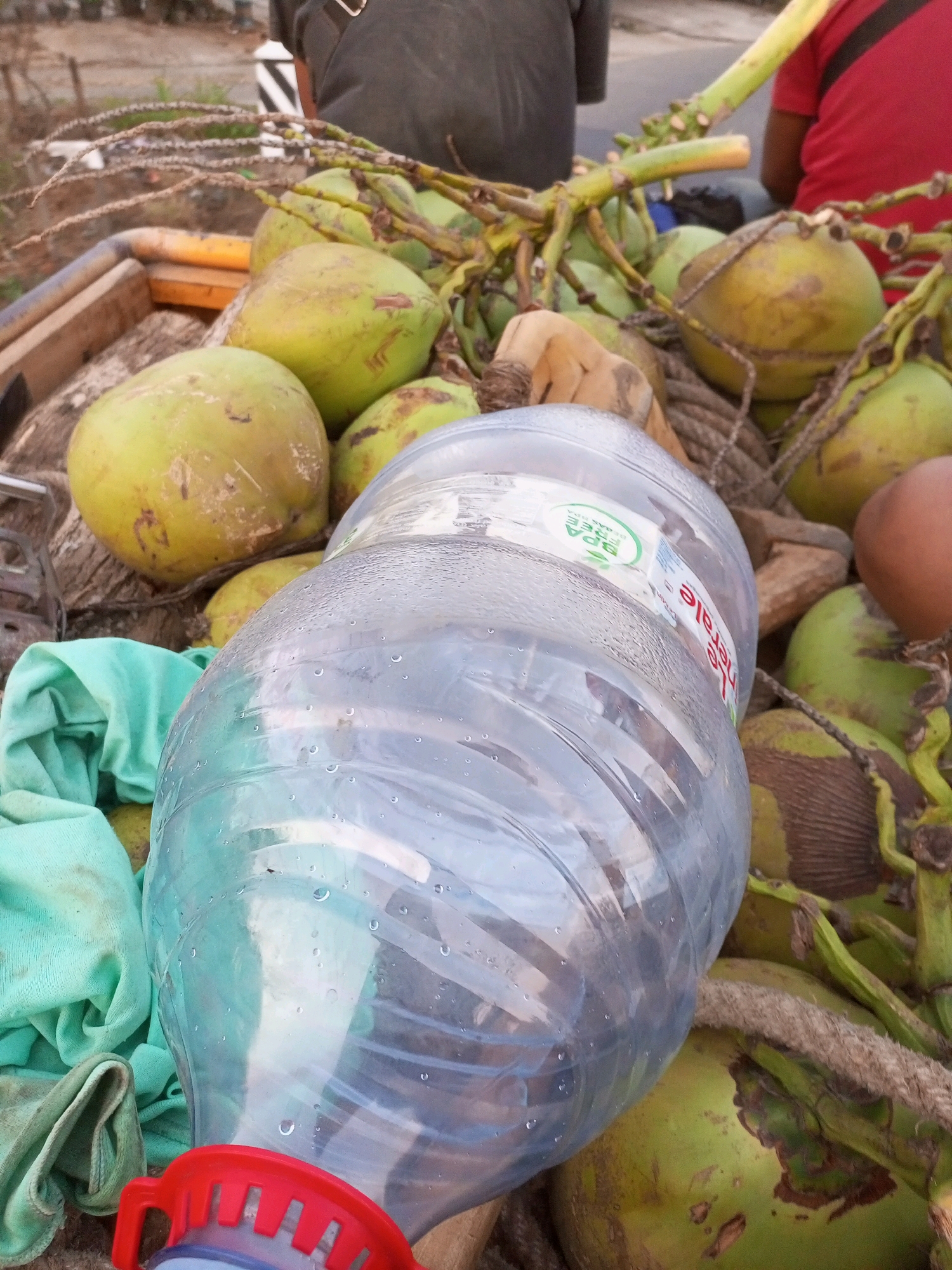 In Tremes, Indonesia, a collection of green coconuts is piled on what appears to be a cart or vehicle bed, with some brown husks visible. Dominating the foreground is a large, clear plastic bottle filled with liquid, likely water, which is covered in condensation droplets. A piece of light green fabric is draped over some of the coconuts to the left of the bottle. The background shows a blurred view of people and a road. The scene suggests a roadside vendor or a transport of goods.