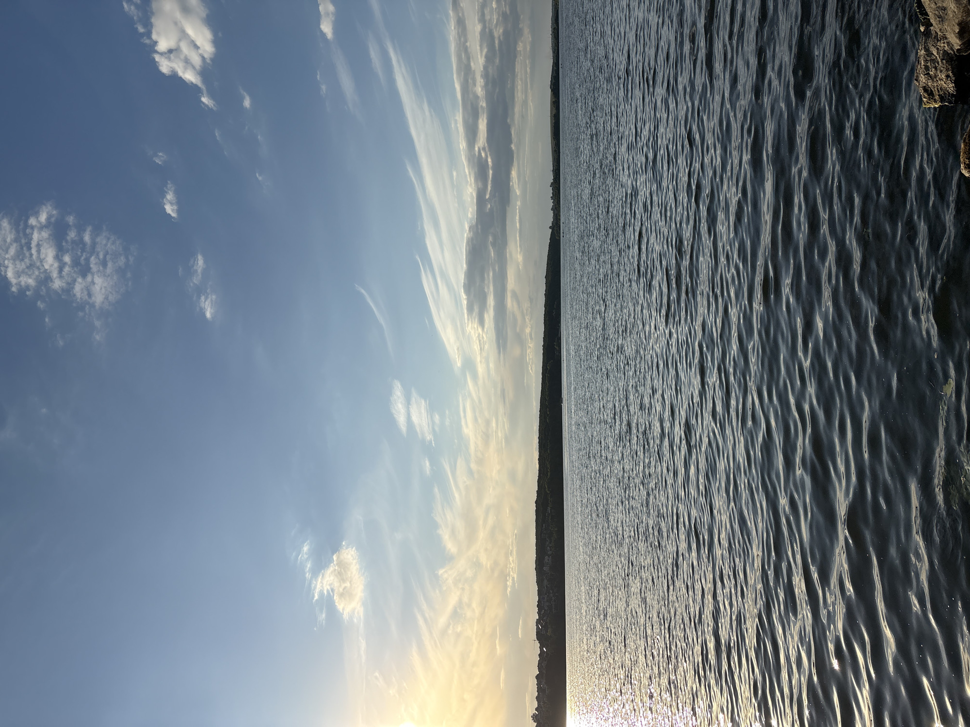 A wide shot captures a serene body of water, likely a lake or a large river, with a tree-lined shore in the distance. The sky is a gradient of blue, transitioning from a lighter hue near the horizon to a deeper shade overhead, dotted with wispy white clouds. The sun is setting on the left side of the frame, casting a warm, golden glow and creating shimmering reflections on the water's surface. The water itself exhibits gentle ripples, indicating a calm environment. On the far shore, a dense line of trees forms a dark silhouette against the horizon, with hints of buildings nestled within the foliage, suggesting a populated area. In the foreground, a few rocks are visible on the right, hinting at a shoreline or bank. The overall impression is one of tranquility and natural beauty. The scene is consistent with views of the Ternopil Reservoir in Ternopil, Ukraine.