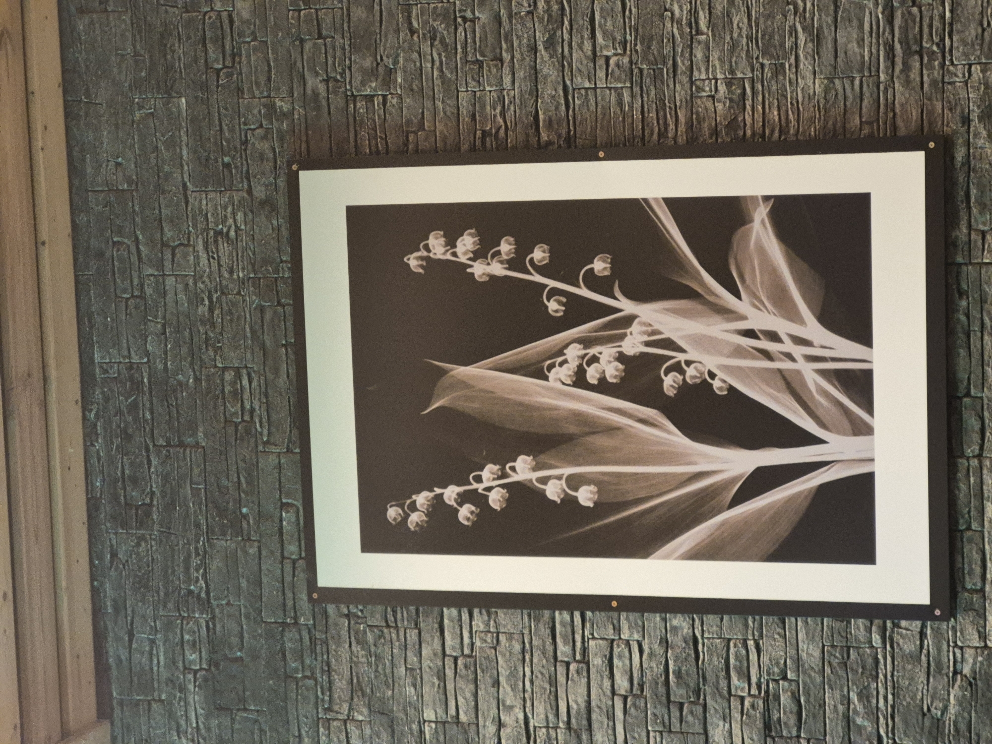 A framed botanical print of lily of the valley hangs on a textured wall in a building in Chaikovsky, Russia. The print has a white matte within a black frame. The wall is constructed with rectangular stone blocks. A door or wall panel is visible on the left side of the frame.