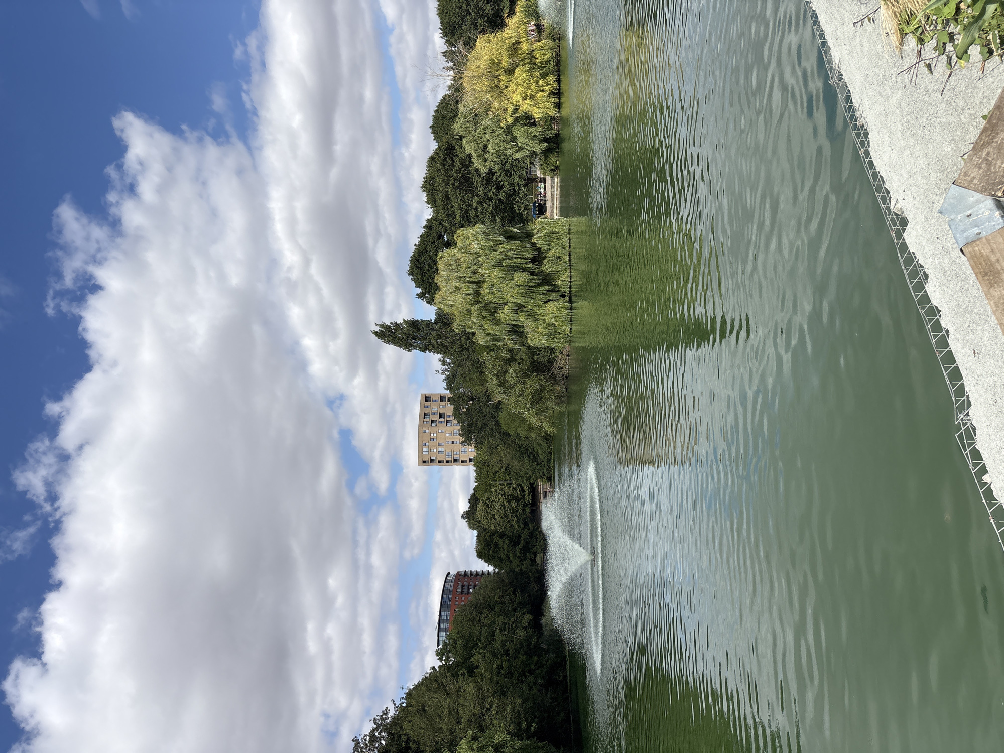 This image captures a serene view of the park in Chelmsford, United Kingdom, on a bright, cloudy day. The foreground is dominated by a large, tranquil body of water, its surface rippling gently. A fountain in the center of the lake sprays water upwards, creating a delicate mist. Lush green trees line the banks of the lake, their branches reaching towards the sky. In the background, modern buildings rise above the trees, contrasting with the natural beauty of the park. The sky is a vibrant blue, dotted with fluffy white clouds, casting a soft light over the entire scene. The overall impression is one of peace and natural splendor, a perfect escape from the urban environment.